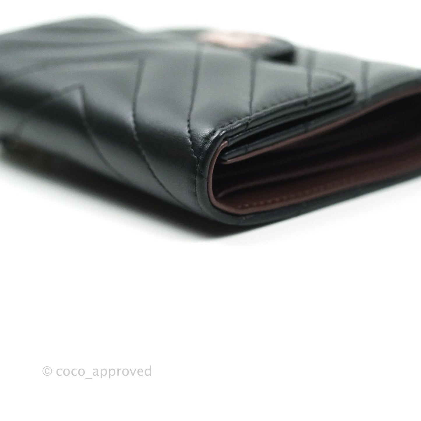 Chanel Chevron Small Compact Wallet Black Lambskin Silver Hardware