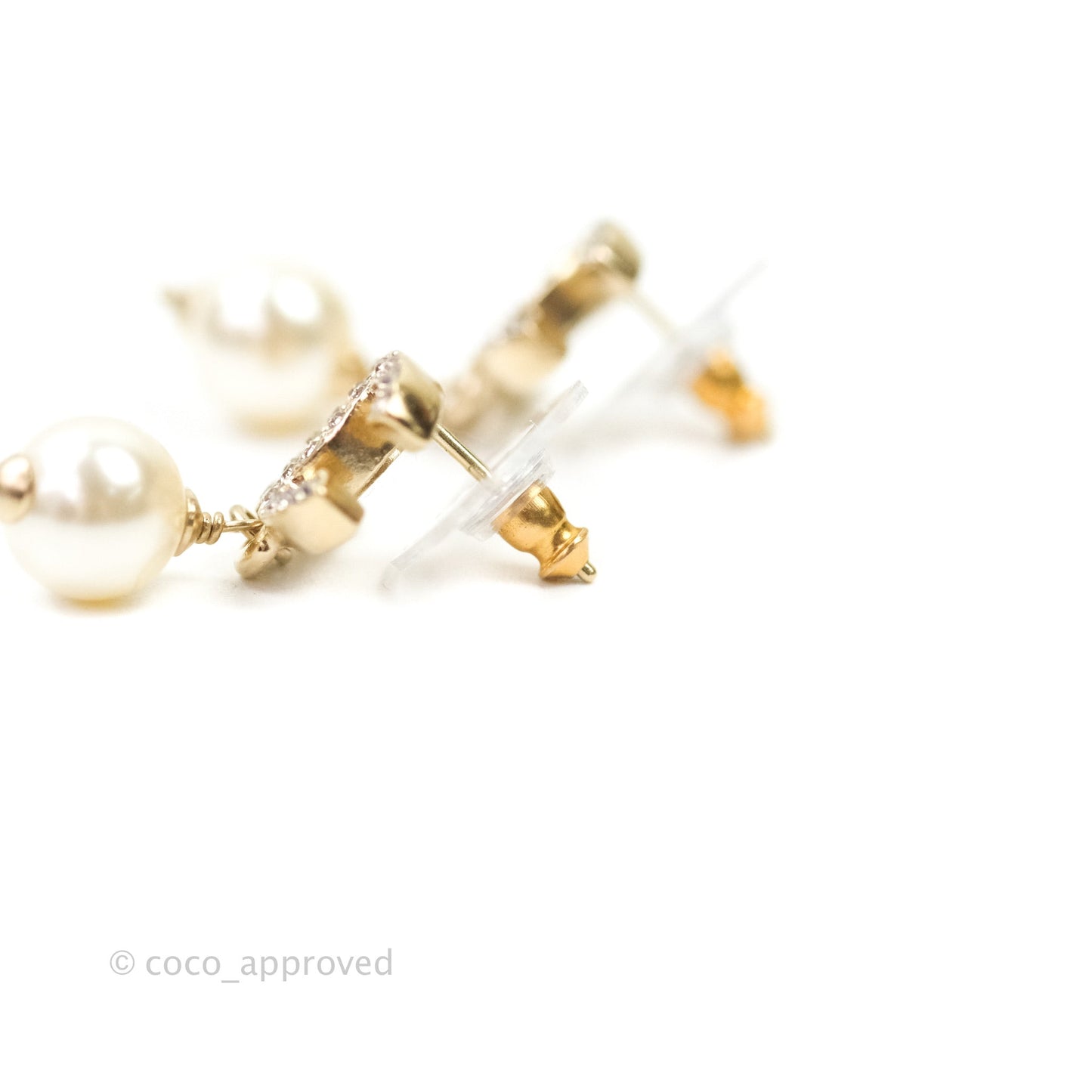 Chanel CC Rhinestone Pearl Drop Earrings Gold Tone 2021