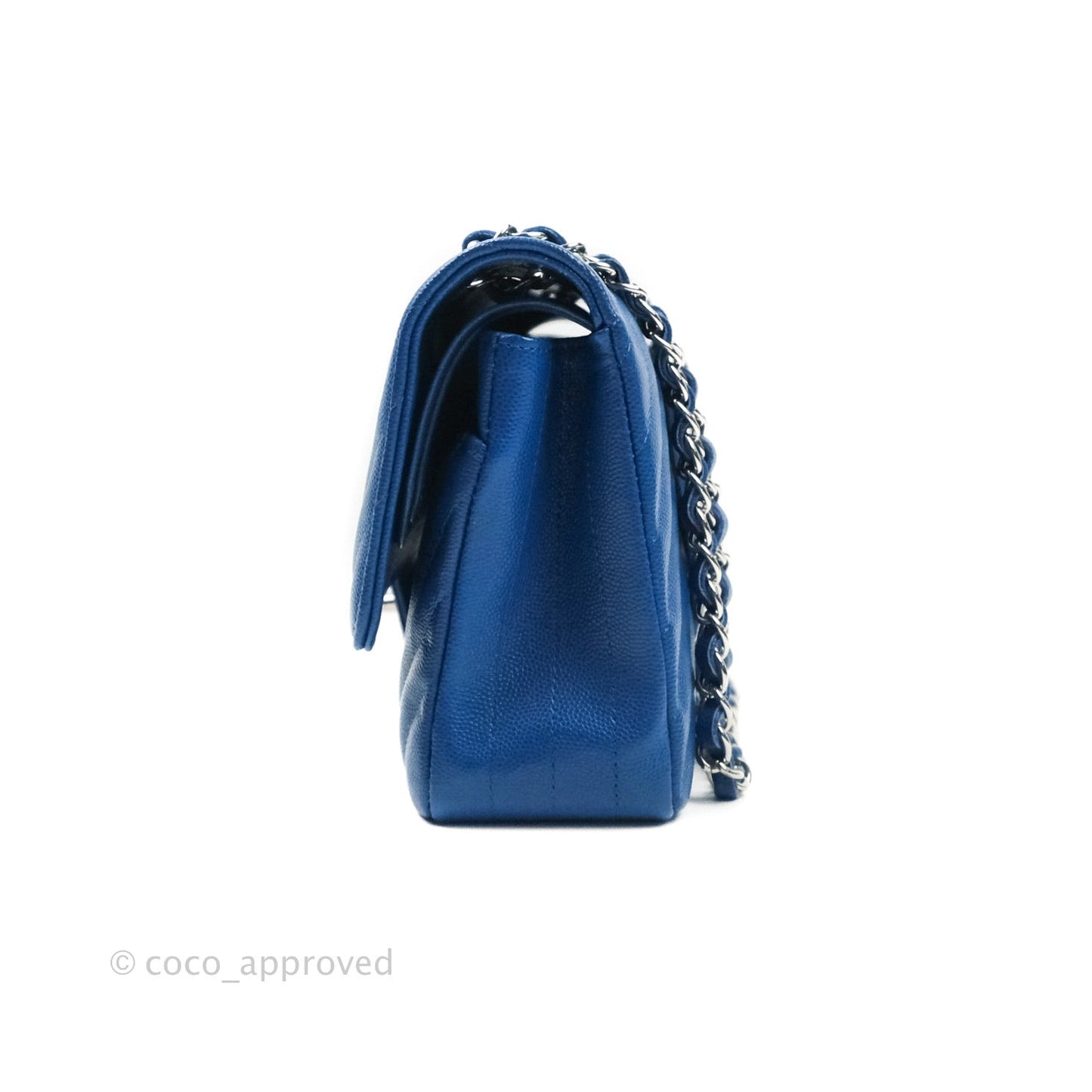 Chanel Classic Chevron M/L Medium Double Flap Blue Caviar Silver Hardware