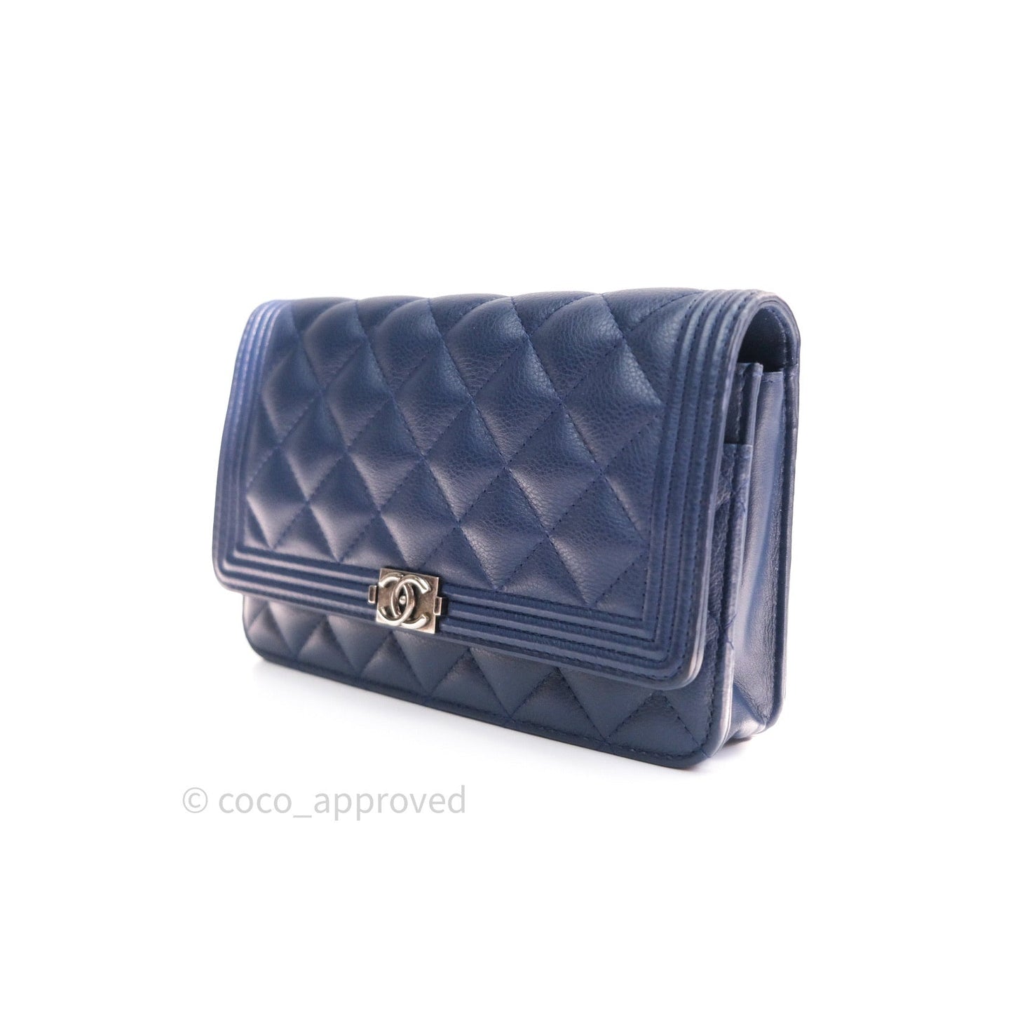 Chanel Quilted Boy Wallet on Chain WOC Blue Grained Calfskin Ruthenium Hardware