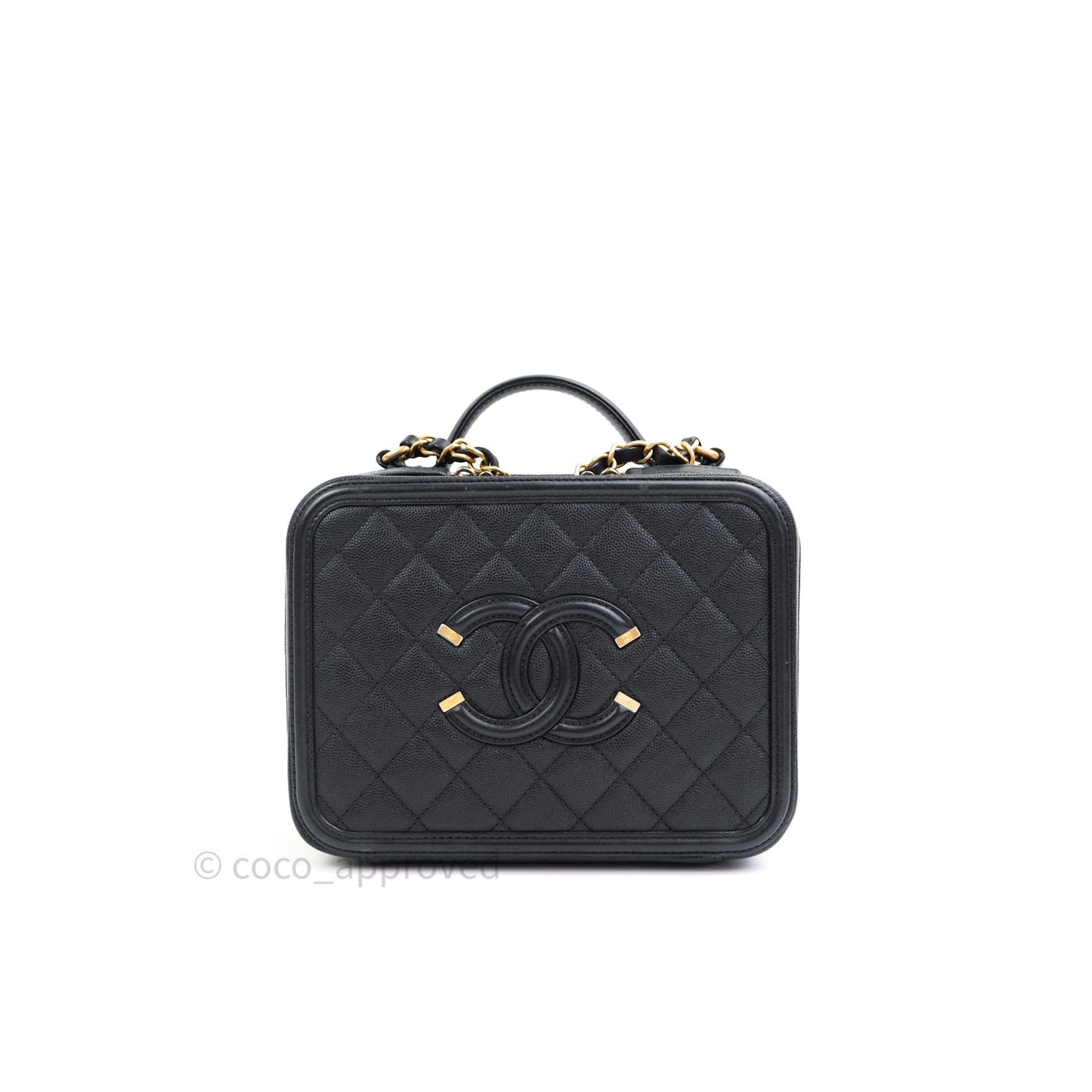 Chanel Quilted Medium CC Filigree Vanity Case Black Caviar Gold Hardware
