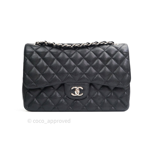 Chanel Classic Jumbo Double Flap Black Quilted Caviar Silver Hardware⁣⁣
