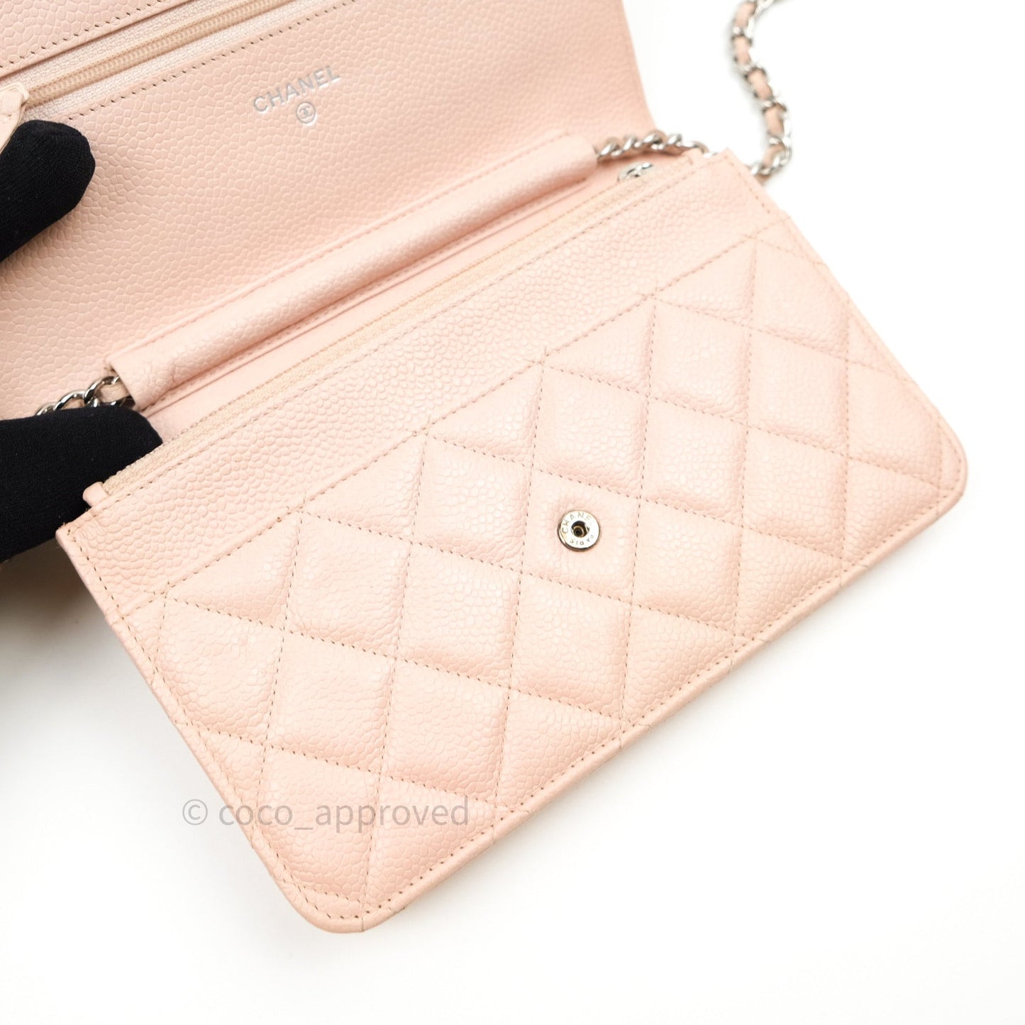Chanel Quilted Wallet on Chain WOC Baby Pink Caviar Silver Hardware