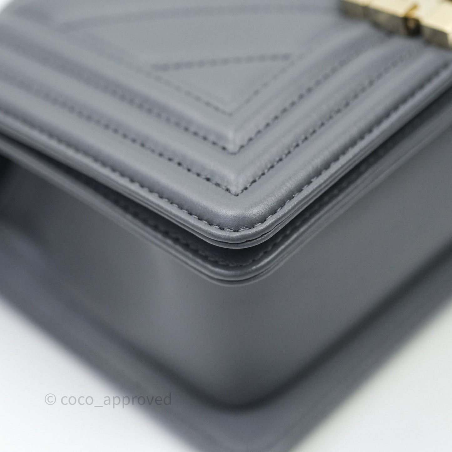 Chanel Small Boy Chevron Grey Calfskin Gold Hardware