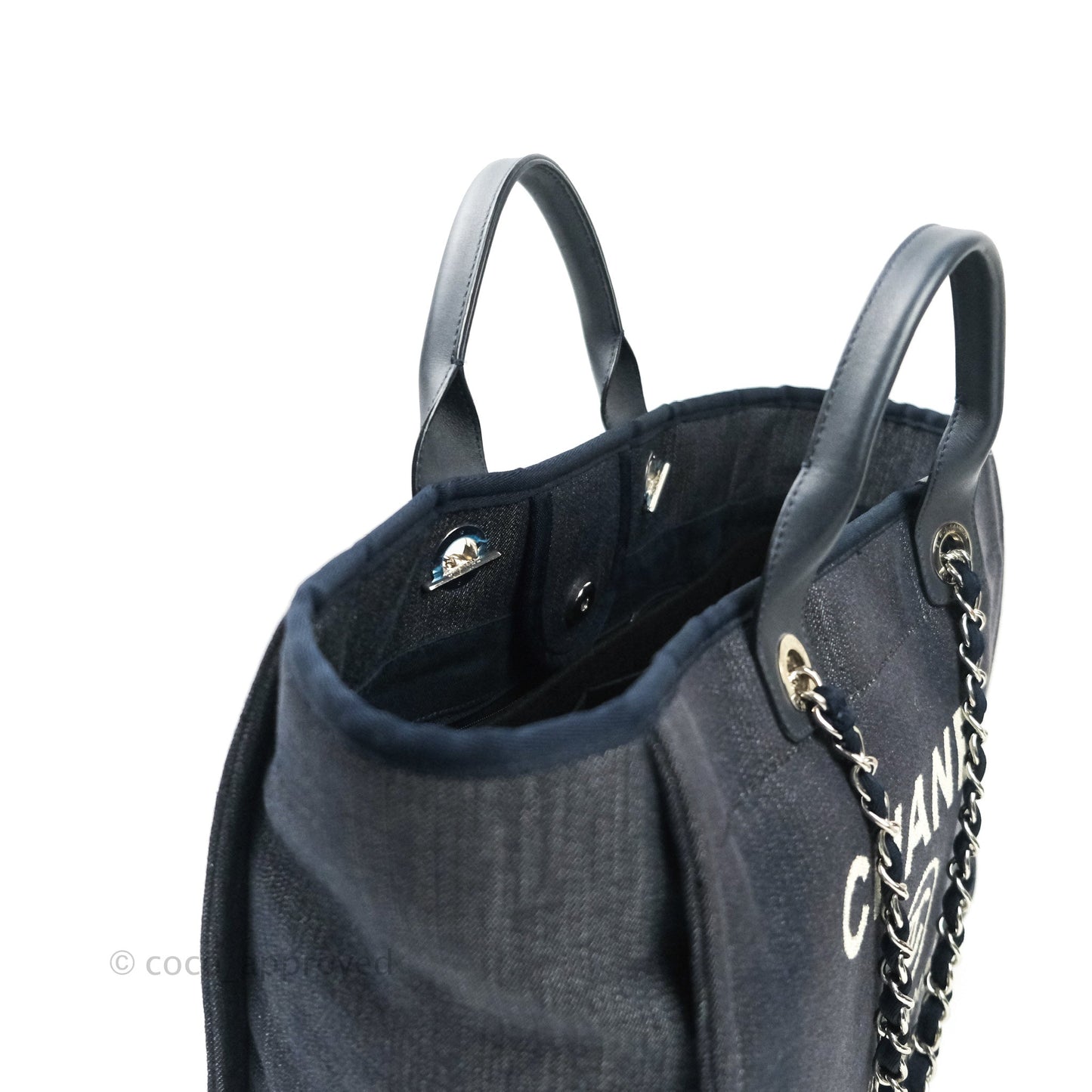Chanel Large Denim Deauville Tote Bag Navy Silver Tone