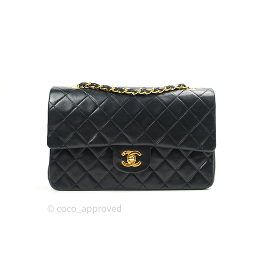 Chanel Classic Vintage M/L Medium Double Flap Bag Black Lambskin 24K Gold Hardware