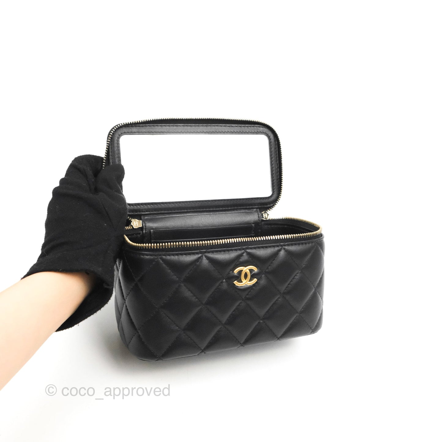 Chanel Vanity Rectangular Metal Top Handle Black Lambskin Aged Gold Hardware 22B