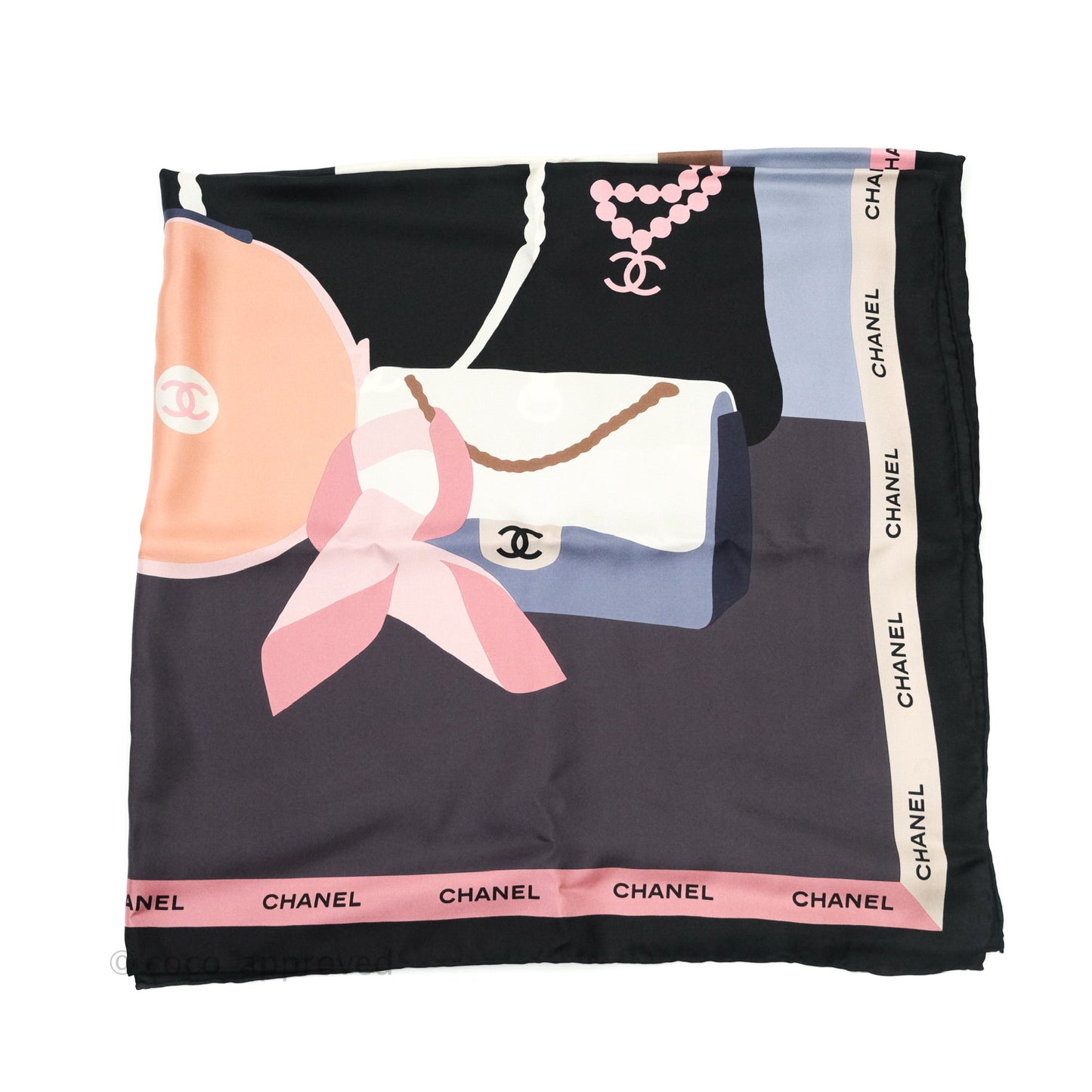 Chanel Square Silk Scarf Pink, Ecru & Black