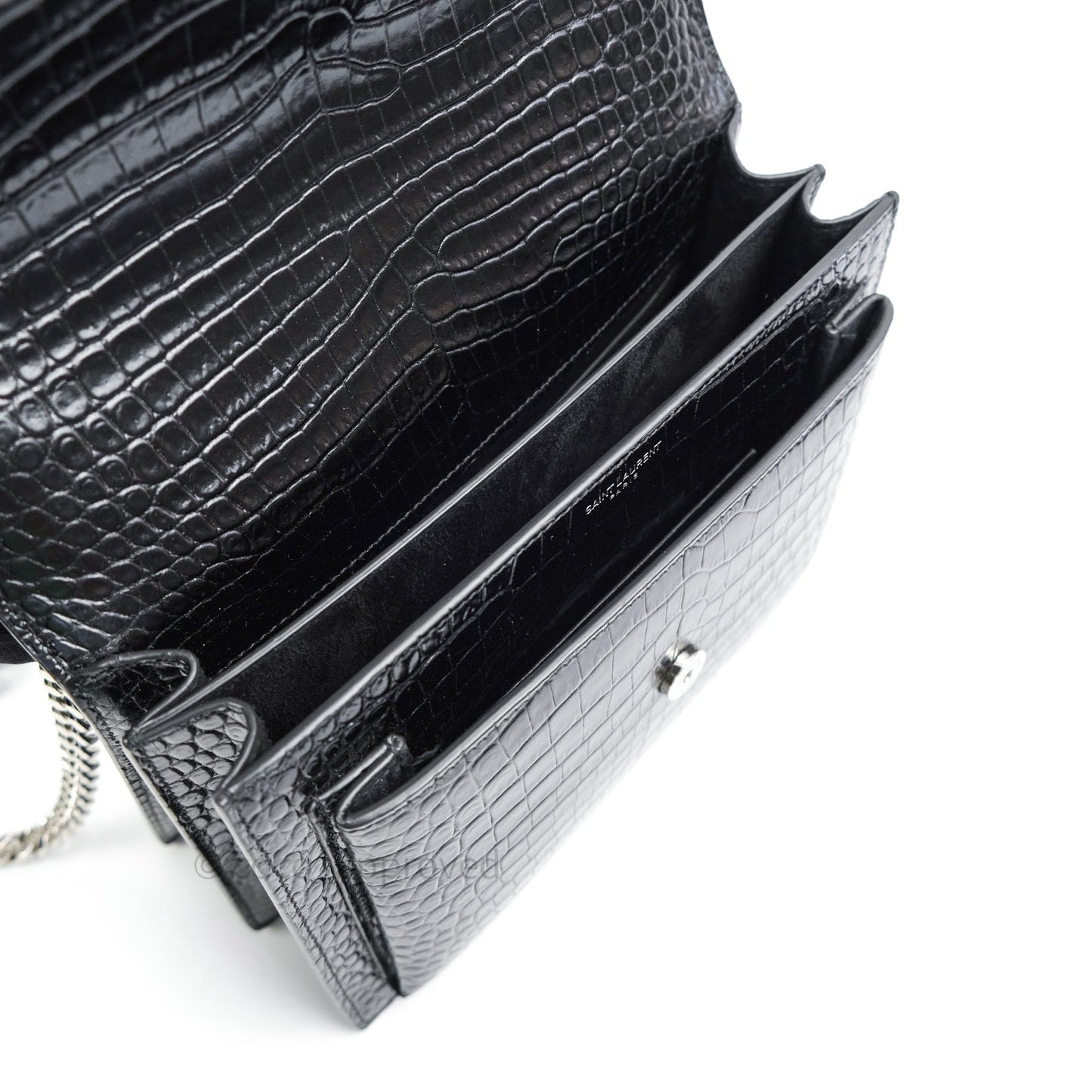 Saint Laurent Sunset Medium Black Crocodile Embossed Calfskin Silver Hardware