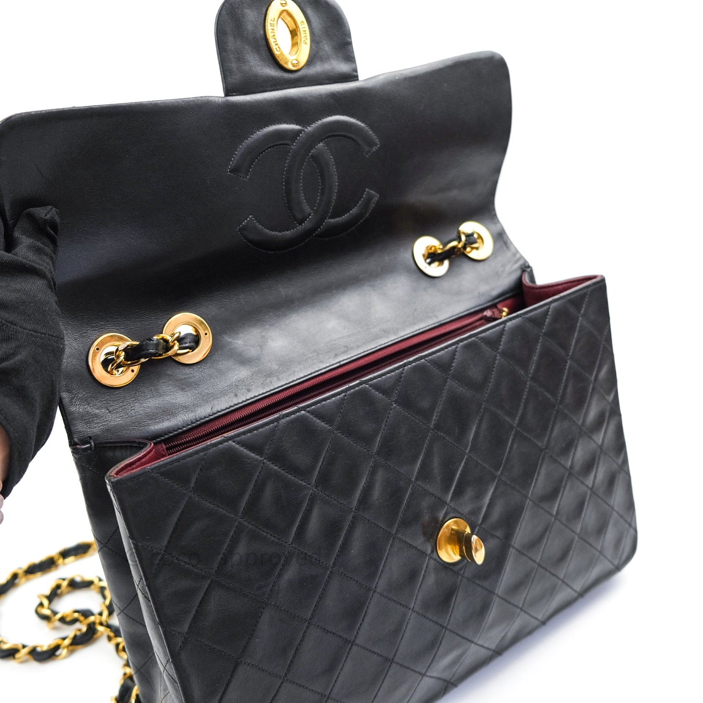 Chanel Vintage XL Jumbo Single Flap Black Lambskin 24K Gold Hardware