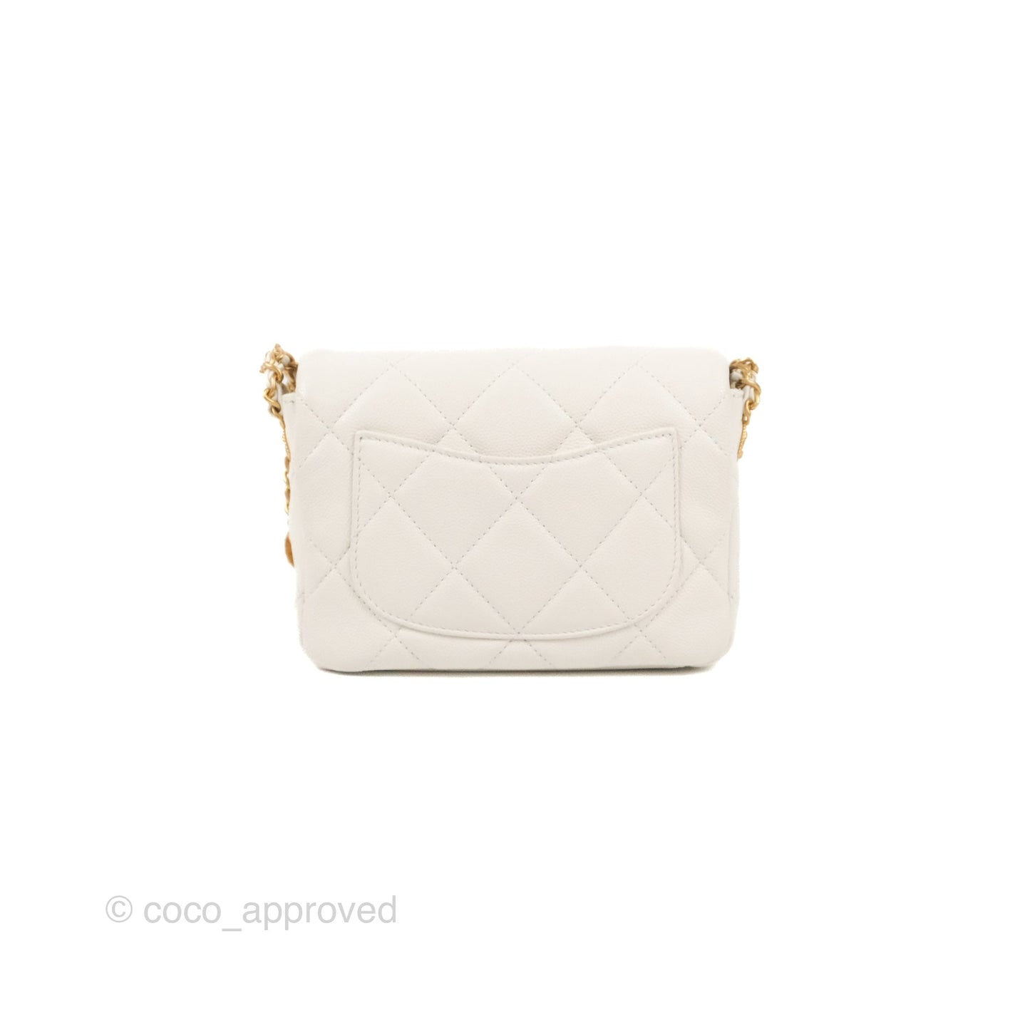 Chanel Mini Flap with Coin Charm White Caviar Aged Gold Hardware 22A