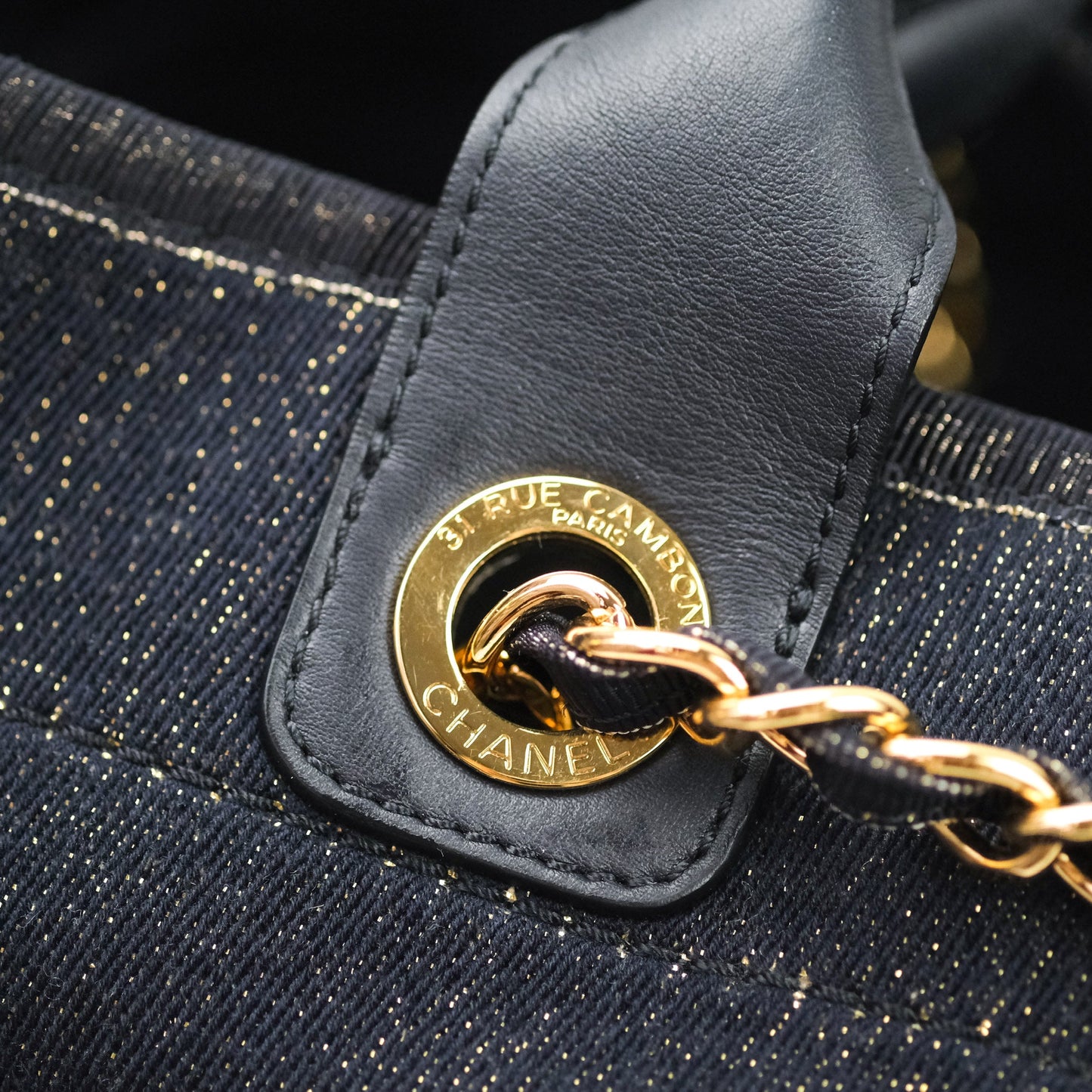 Chanel Large Deauville Navy Glitter Canvas Gold Hardware