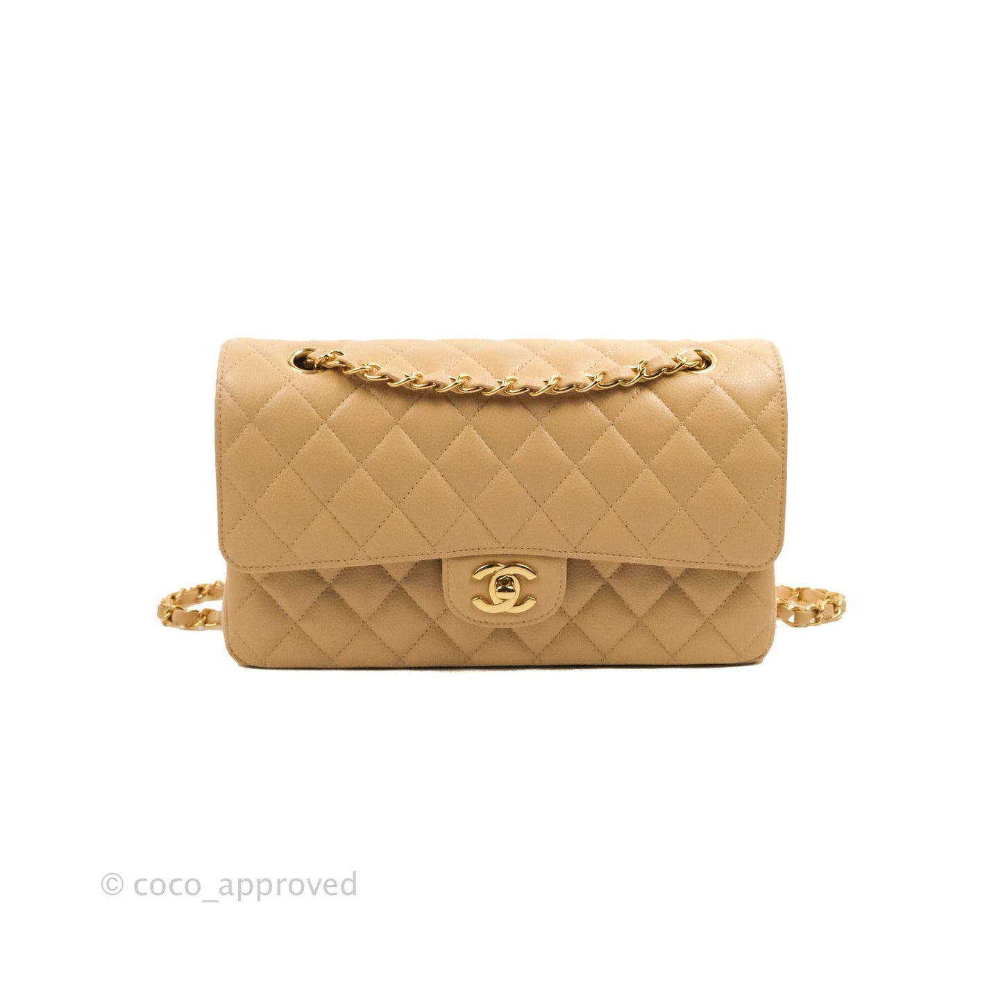 Chanel Classic M/L Medium Flap Quilted Beige Caviar Gold Hardware