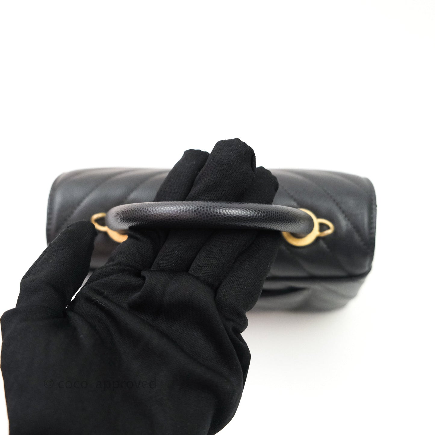 Chanel Quilted Mini Coco Handle Chevron Dark Grey Caviar Gold Hardware