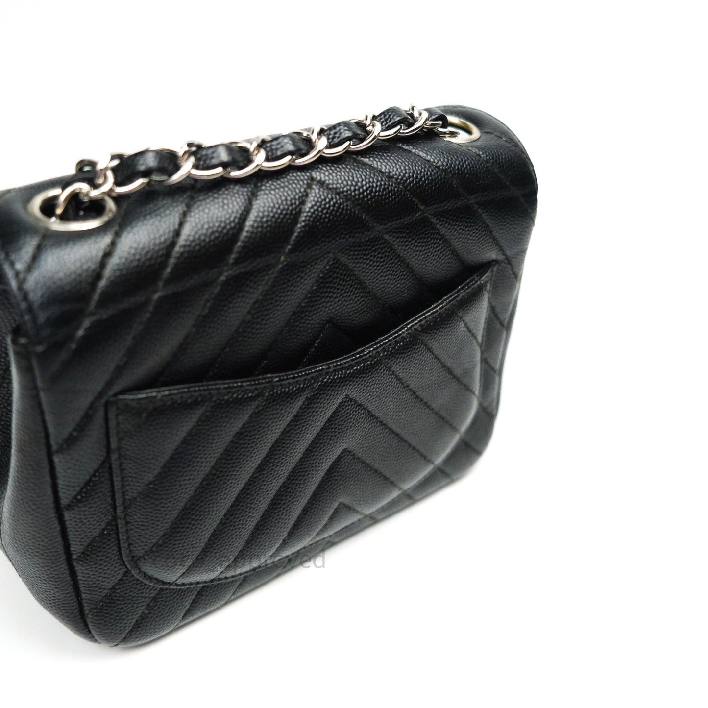 Chanel Mini Square Chevron Black Caviar Silver Hardware