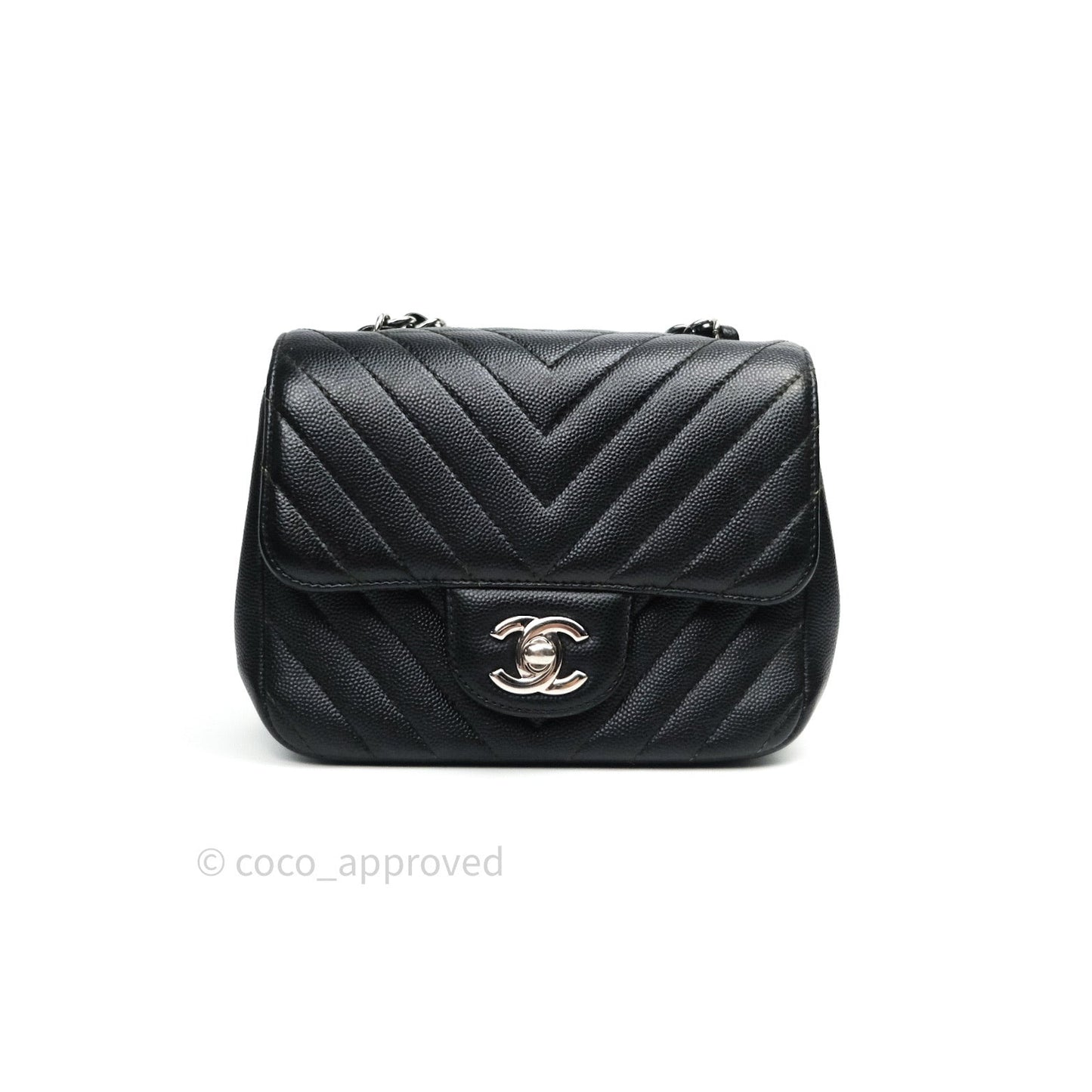 Chanel Mini Square Chevron Black Caviar Silver Hardware