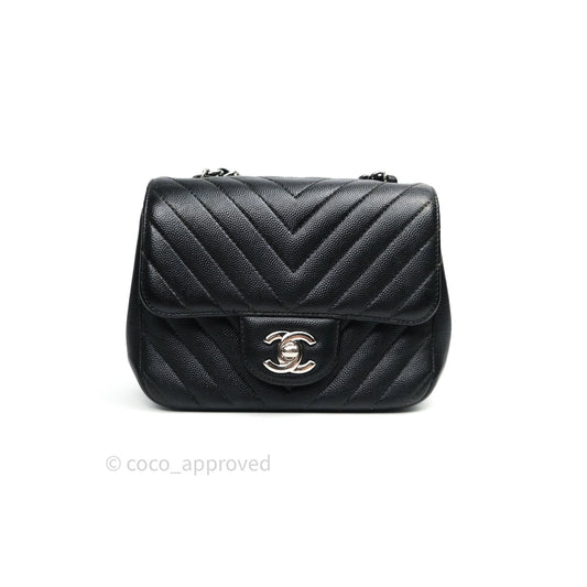 Chanel Mini Square Chevron Black Caviar Silver Hardware