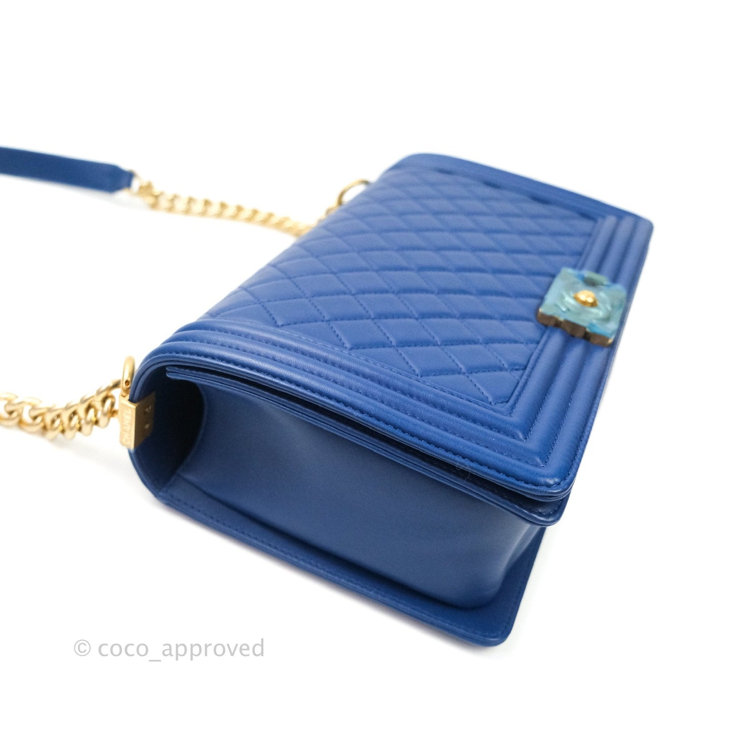 Chanel Boy New Medium Quilted Blue Lambskin Aged Gold Hardware