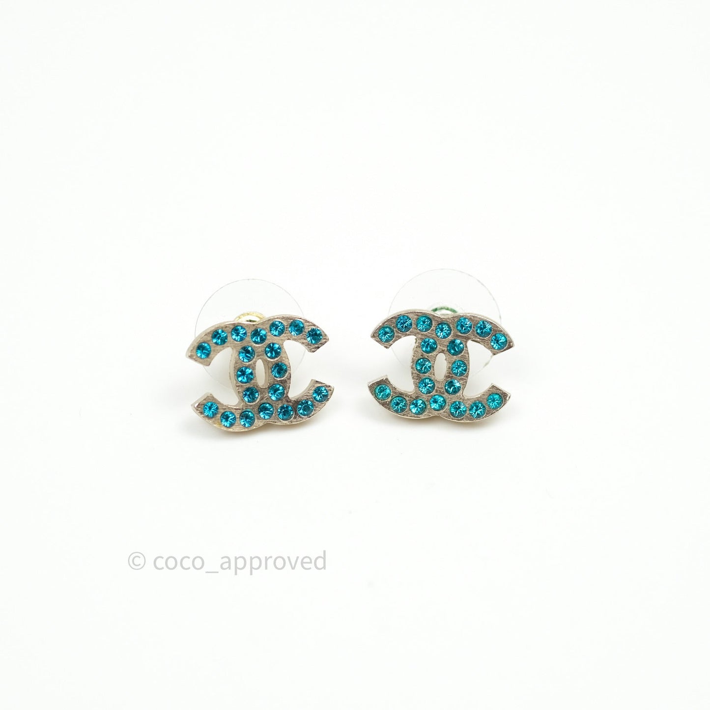 Chanel CC Tiffany Blue Crystals Silver Tone Earrings