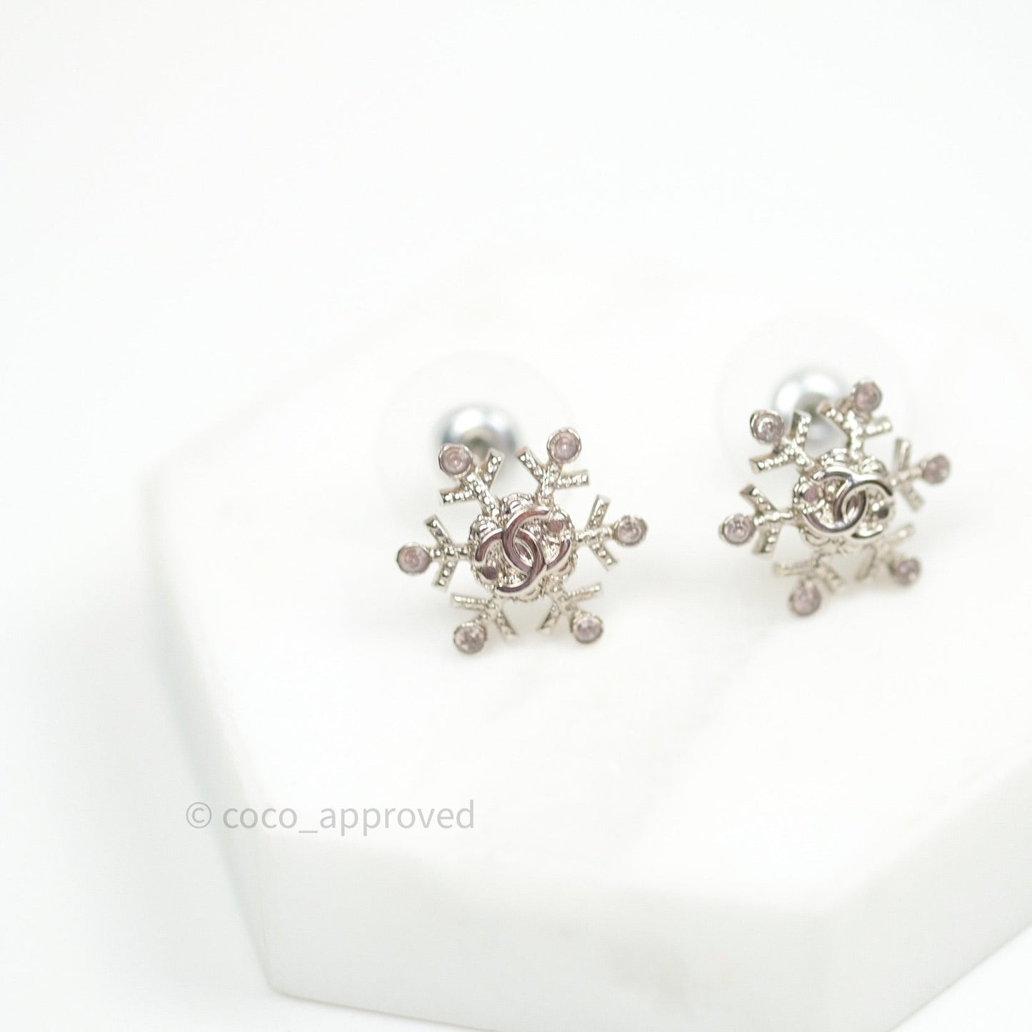 Chanel Crystal Snowflake CC Earrings Silver