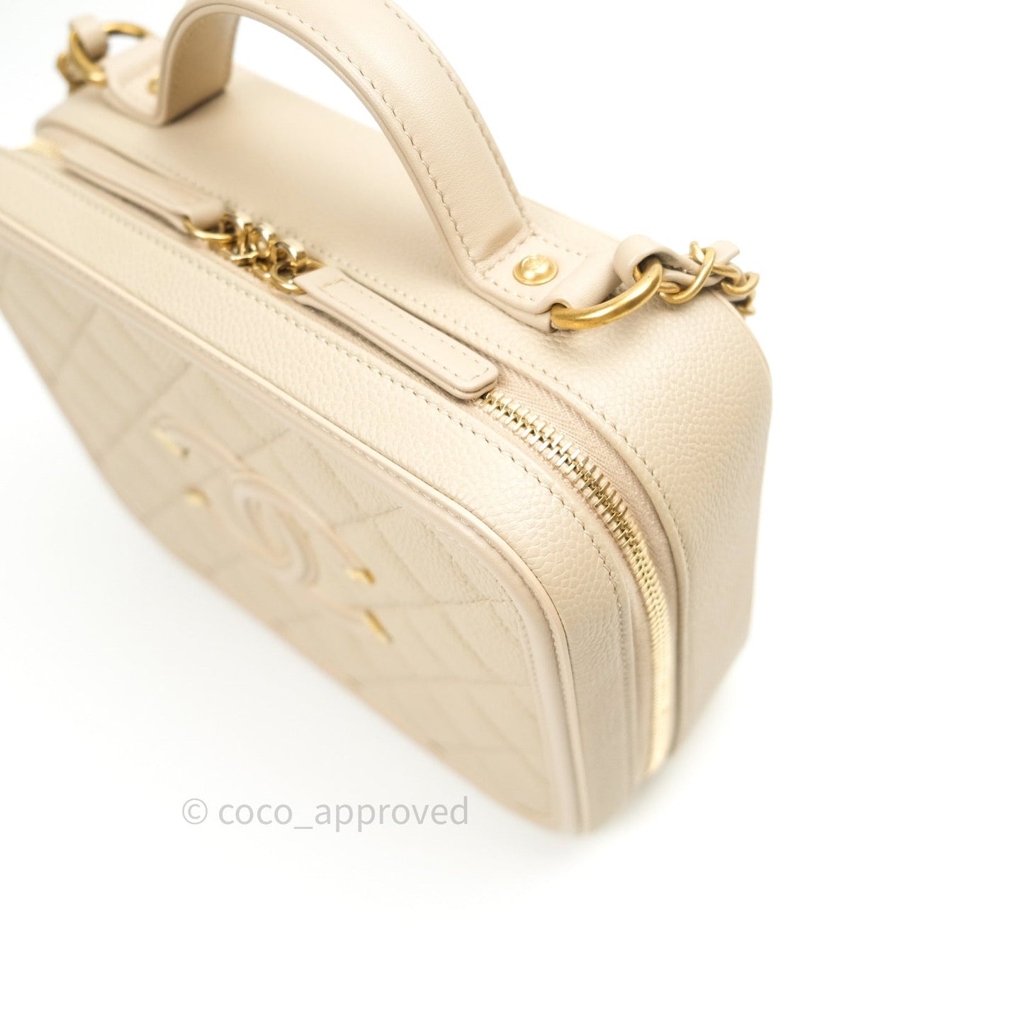 Chanel Quilted Medium CC Filigree Vanity Case Light Beige Caviar Gold Hardware