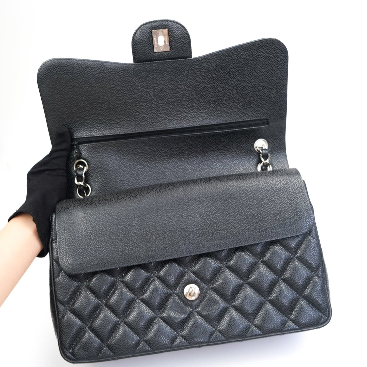 Chanel Classic Jumbo Double Flap Black Quilted Caviar Silver Hardware⁣⁣