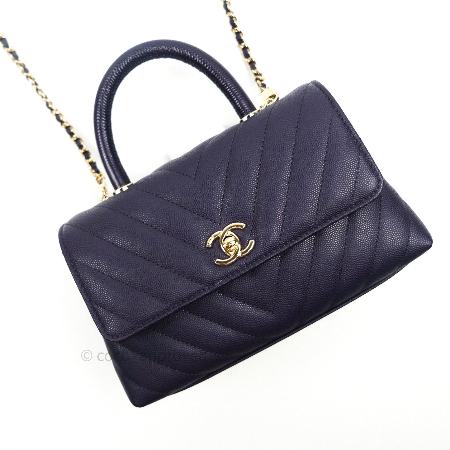 Chanel Mini Coco Handle Chevron Purple Caviar Quilted Gold Hardware