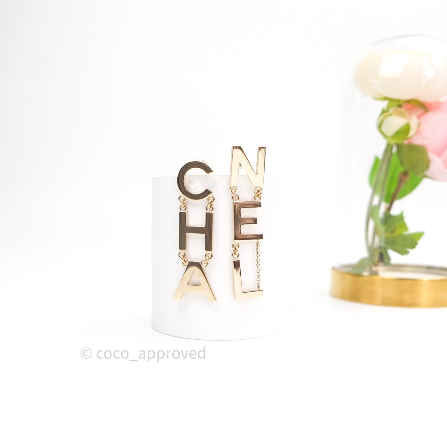 Chanel Letter Cha-Nel Logo Drop Earrings Gold