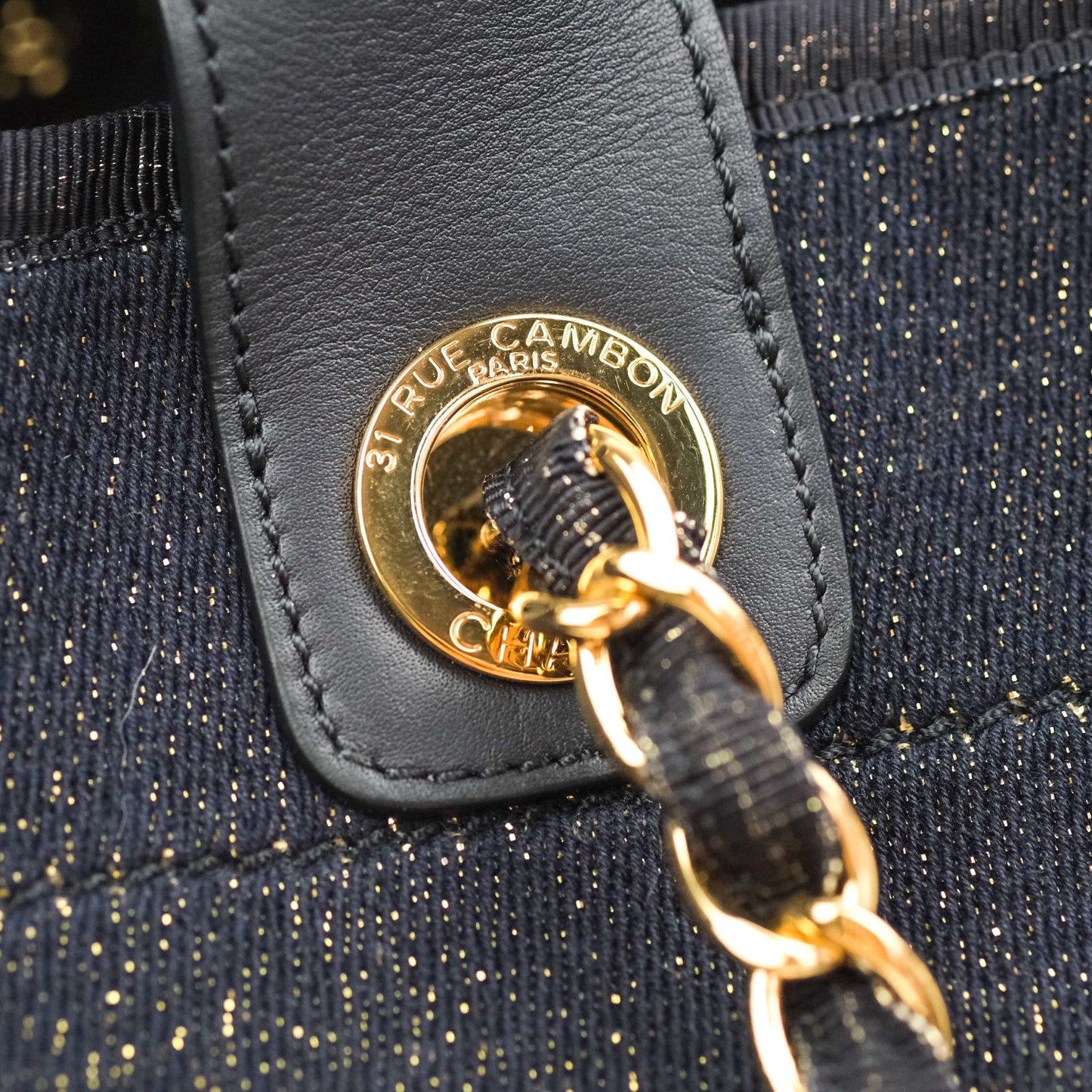 Chanel Canvas Large Deauville Tote Navy Glittery Gold Logo 19B