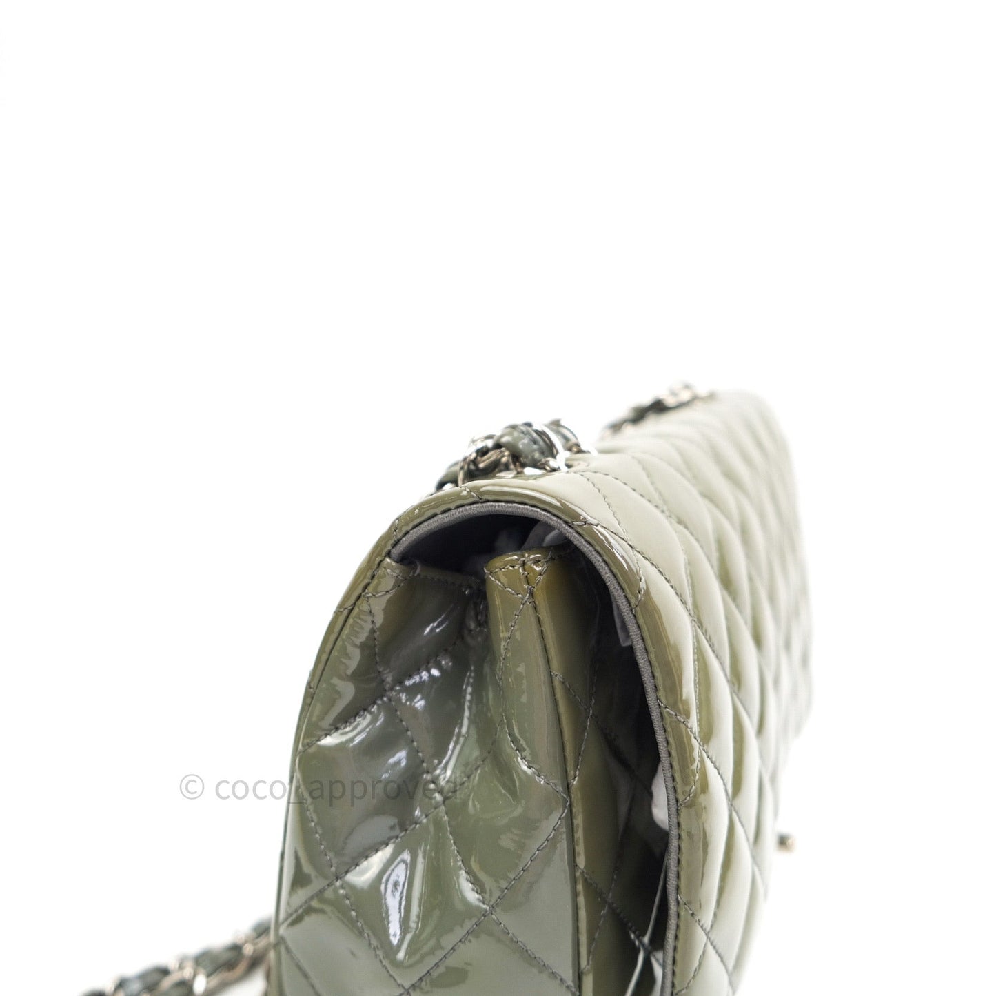 Chanel Jumbo Single Flap Light Green Patent Leather Silver Hardware⁣⁣