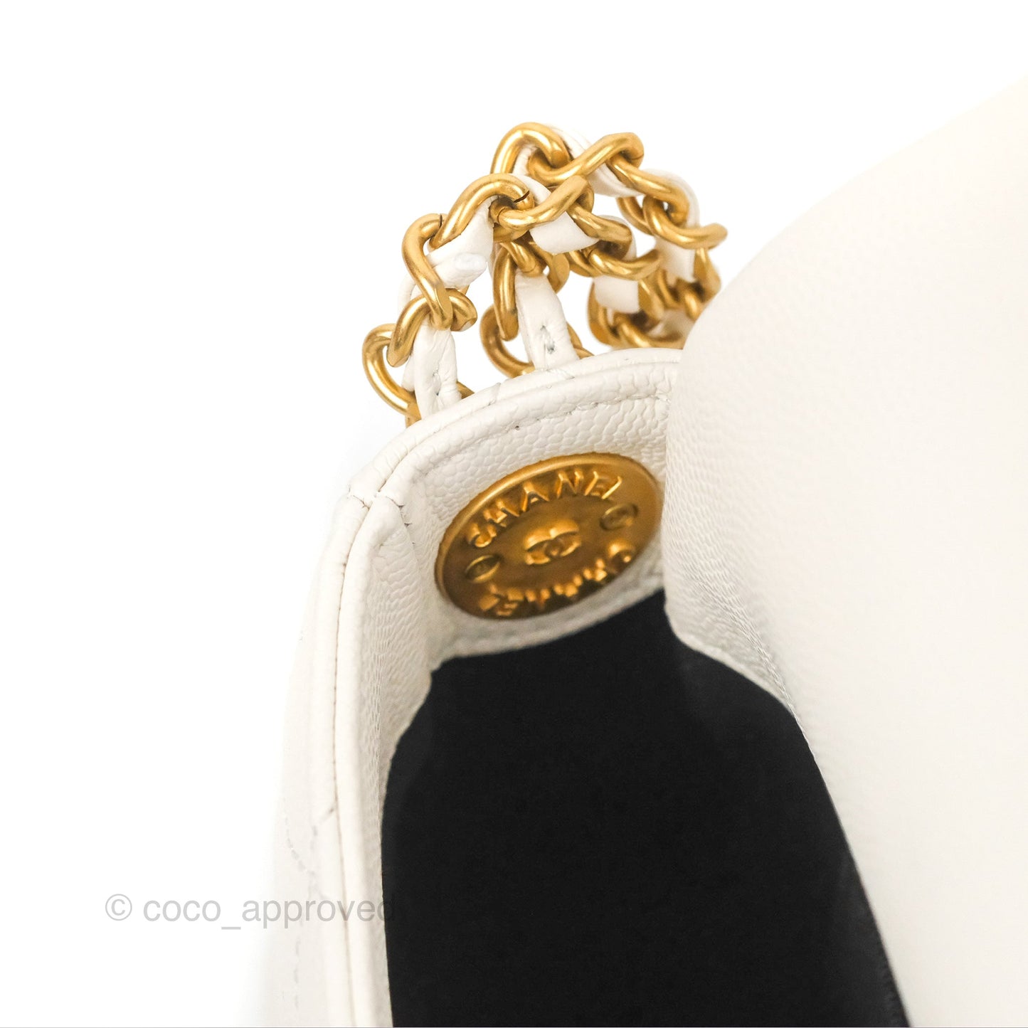 Chanel Mini Flap with Coin Charm White Caviar Aged Gold Hardware 22A