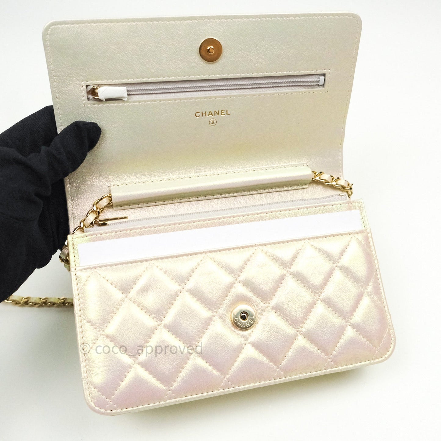 Chanel Quilted Wallet on Chain WOC Iridescent Ivory Gold Hardware 20A