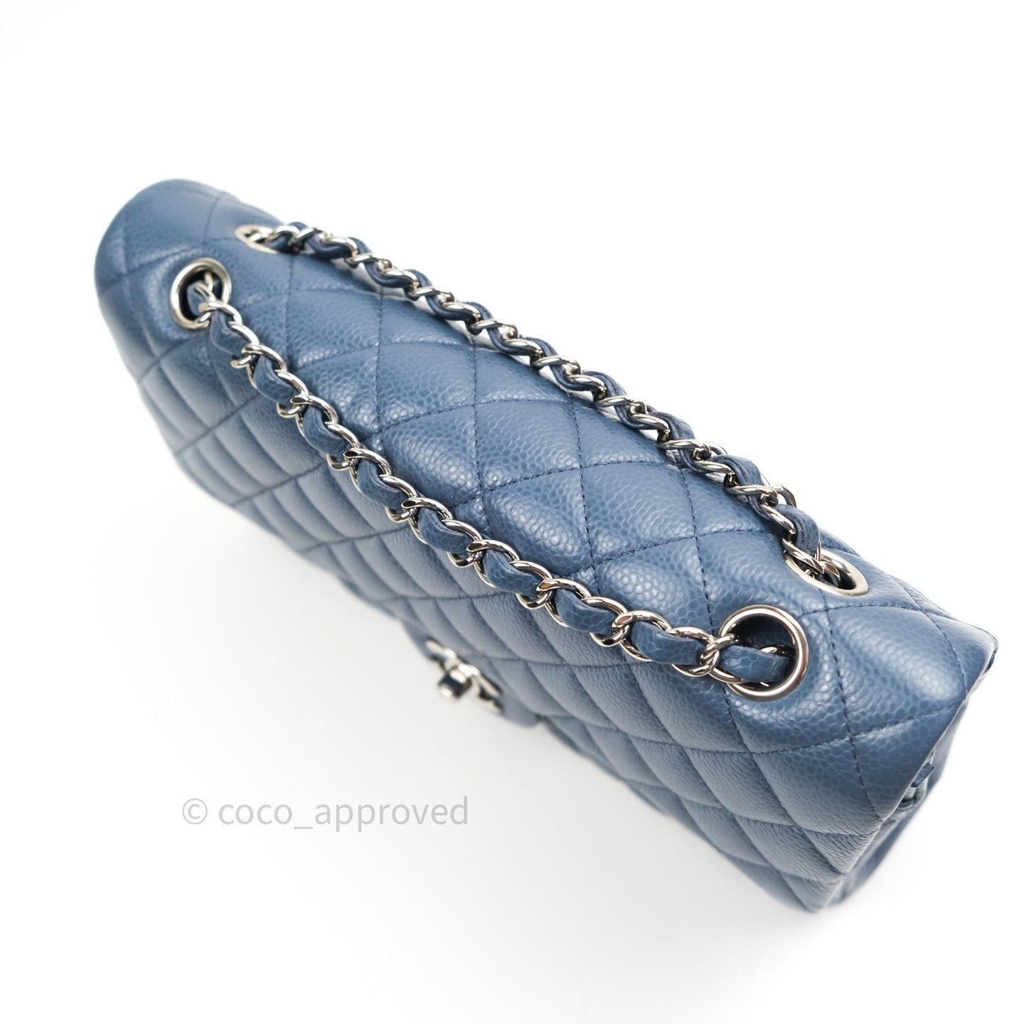Chanel Classic Double Flap Quilted M/L Blue Caviar Silver Hardware