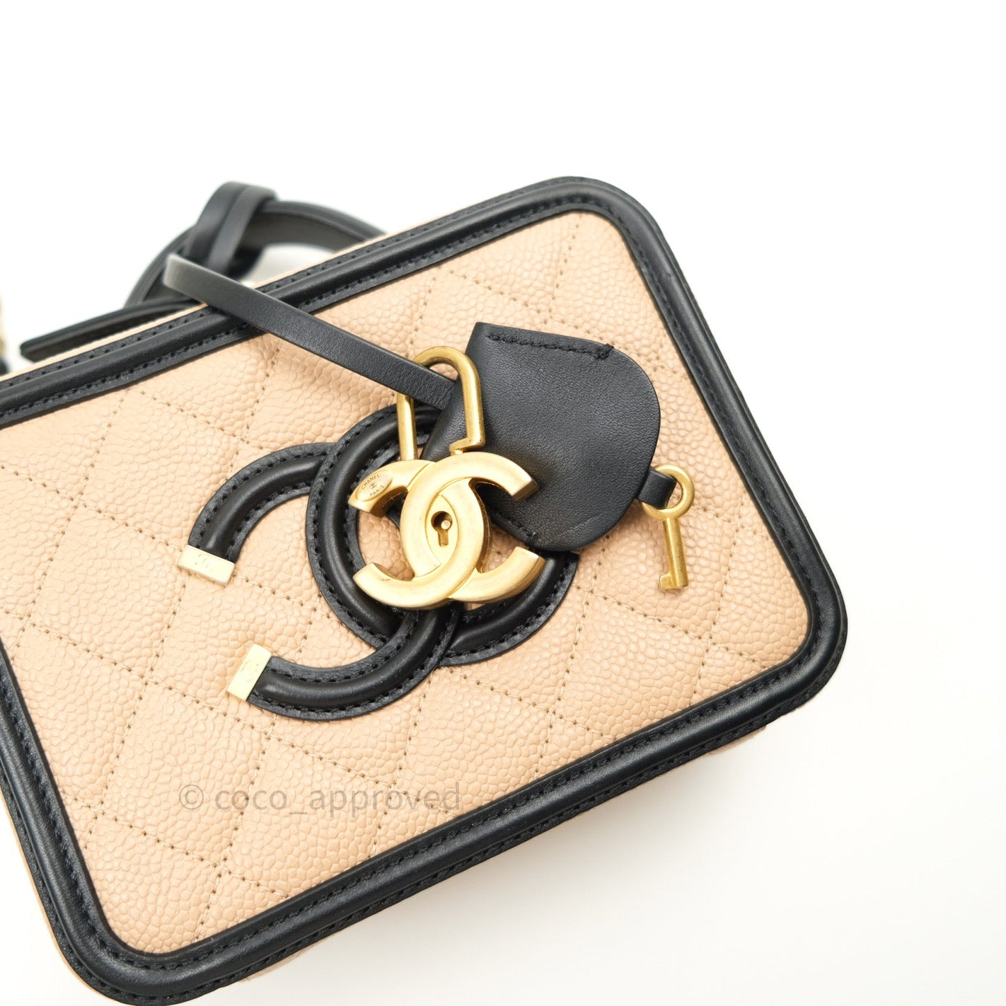 Chanel Quilted Small CC Filigree Vanity Case Beige Black Caviar