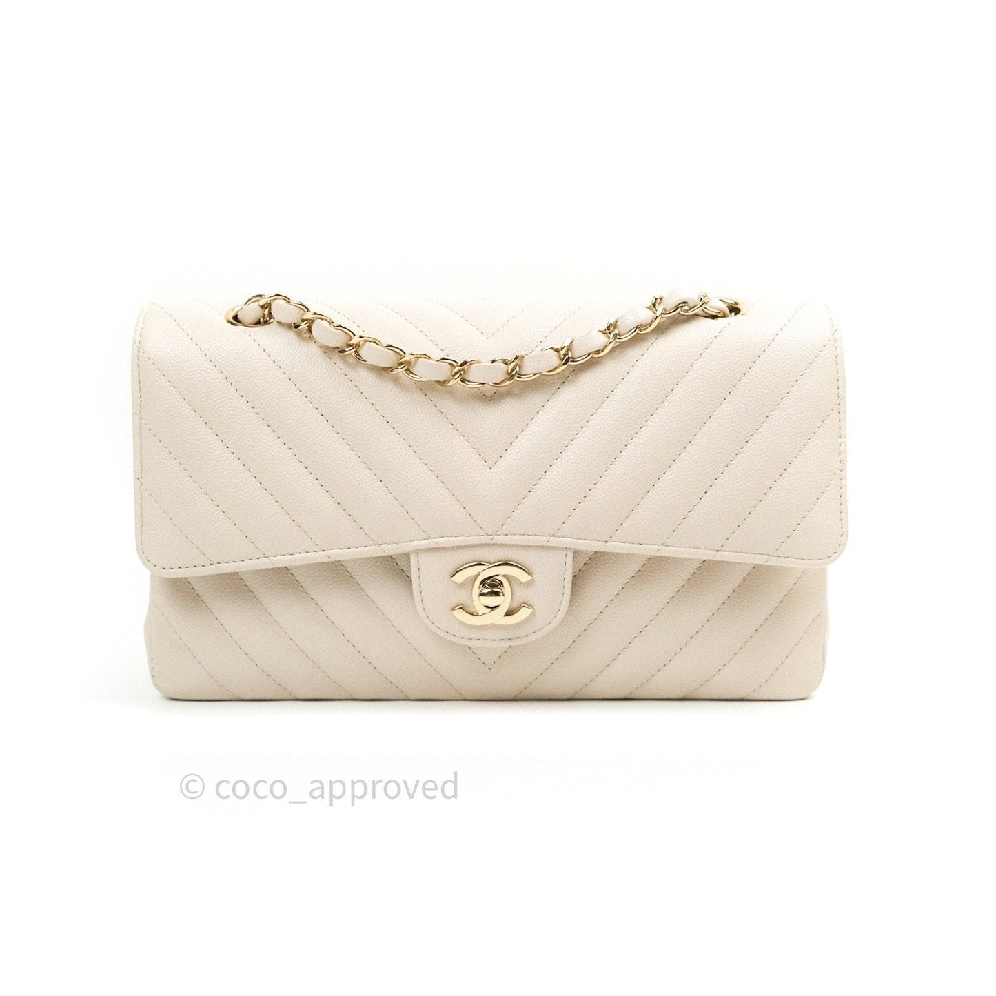 Chanel Classic M/L Medium Double Flap Chevron Ivory Caviar Gold Hardware