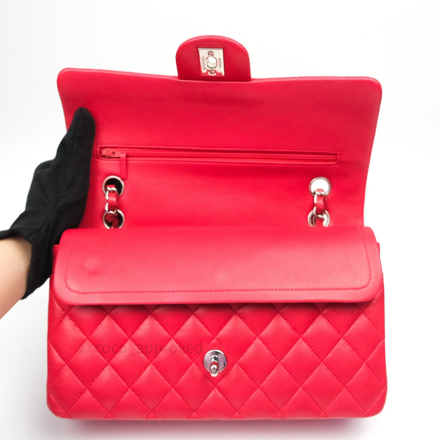 Chanel Classic M/L Medium Double Flap Bag Red Lambskin Silver Hardware