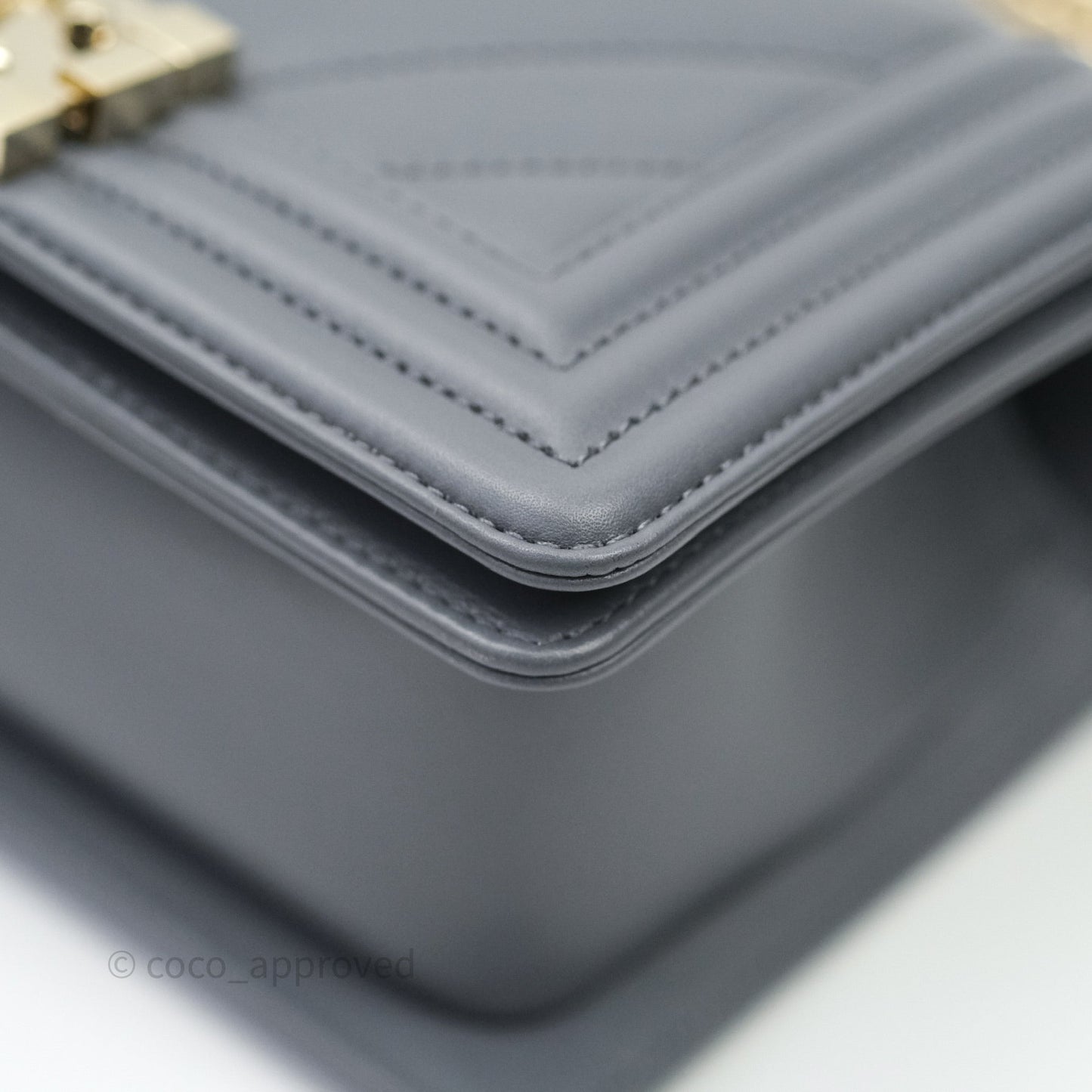 Chanel Small Boy Chevron Grey Calfskin Gold Hardware