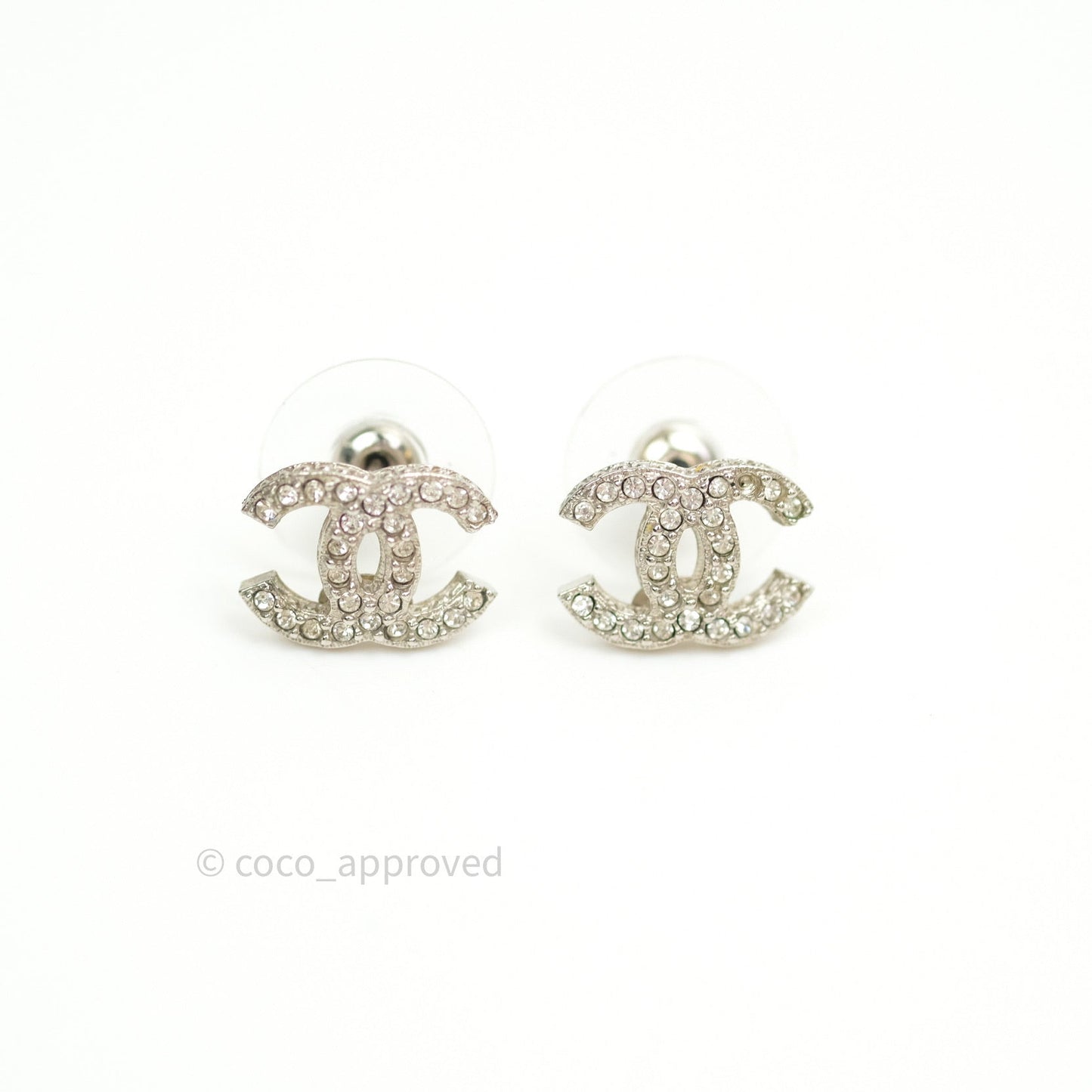Chanel Crystal CC Earrings Silver Tone