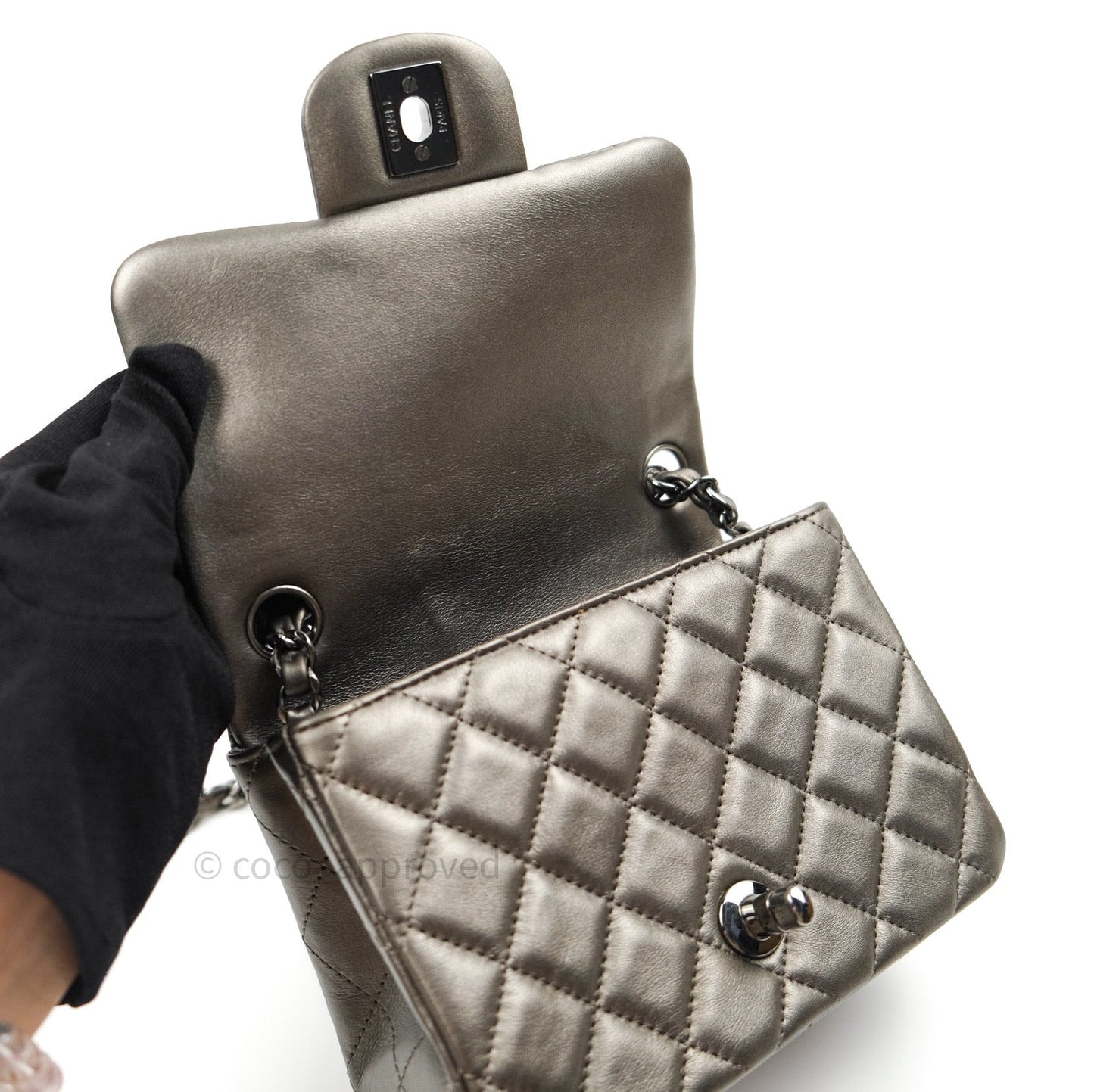 Chanel Mini Square Metallic Dark Grey Lambskin Dark Silver Hardware