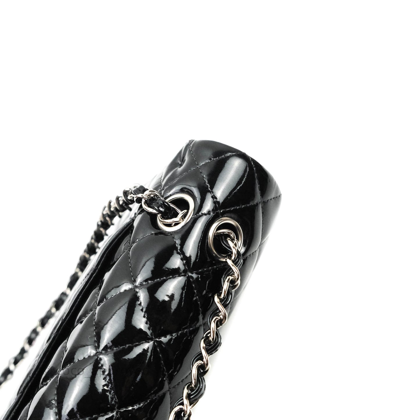 Chanel Classic M/L Medium Double Flap Bag Black Patent Silver Hardware