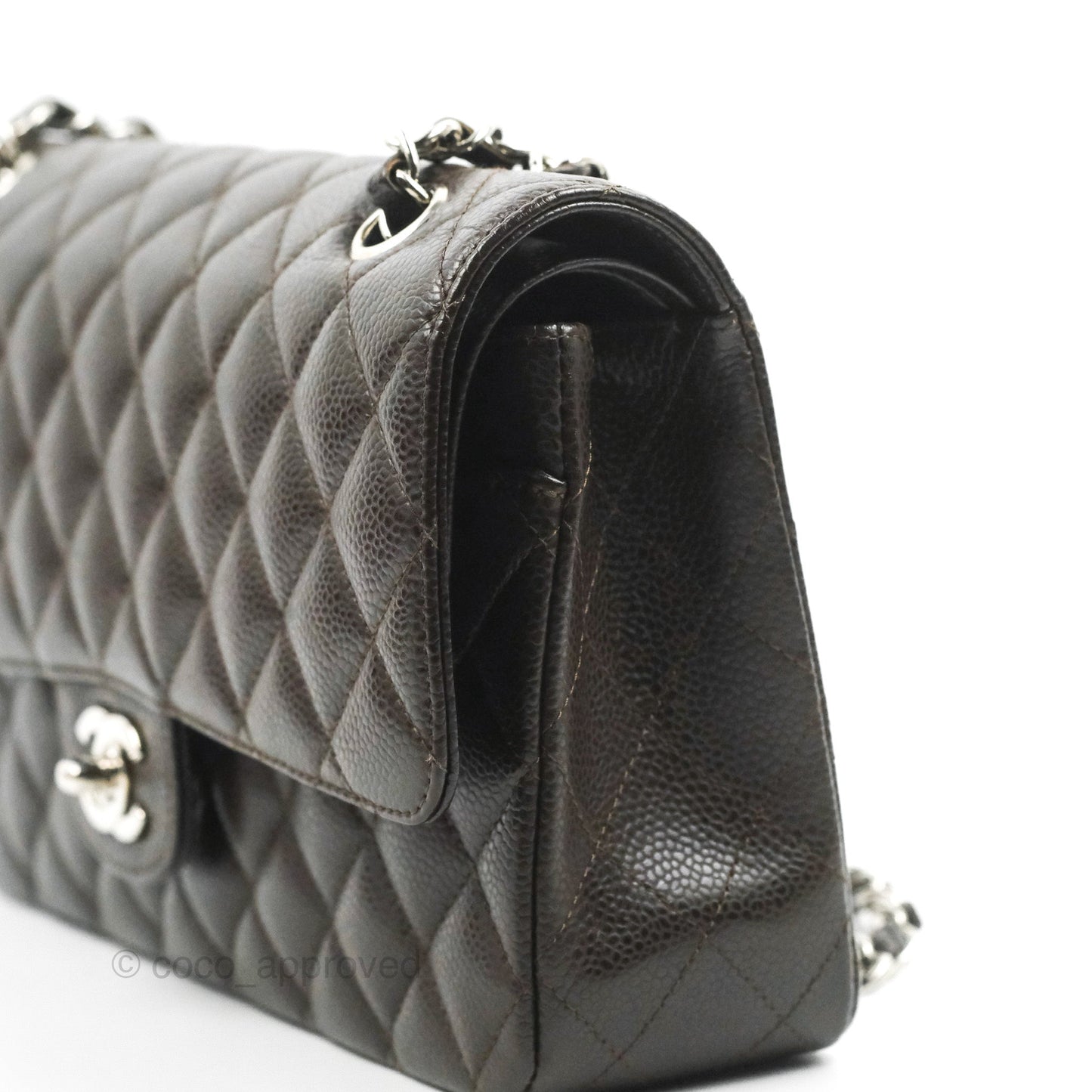 Chanel Classic M/L Medium Flap Quilted Dark Chocolate Brown Caviar Silver Hardware