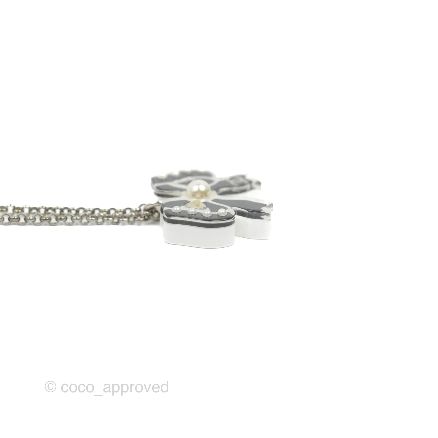 Chanel CC Pearl Bow Necklace Black Silver Hardware 18P