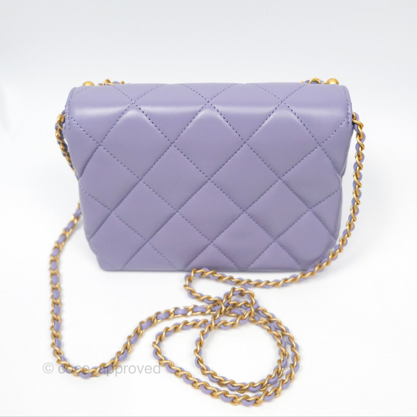 Chanel Crystal Pearl Chain Mini Flap Bag Purple Lambskin Aged Gold Hardware