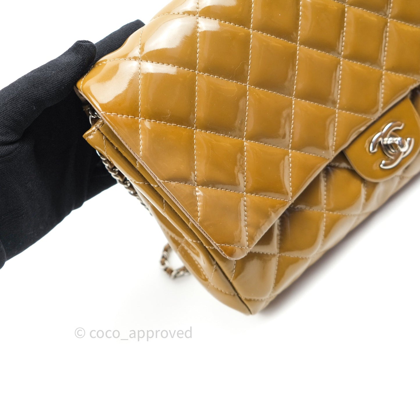 Chanel Quilted Clutch with Chain Khaki Patent Leather Silver Hardware