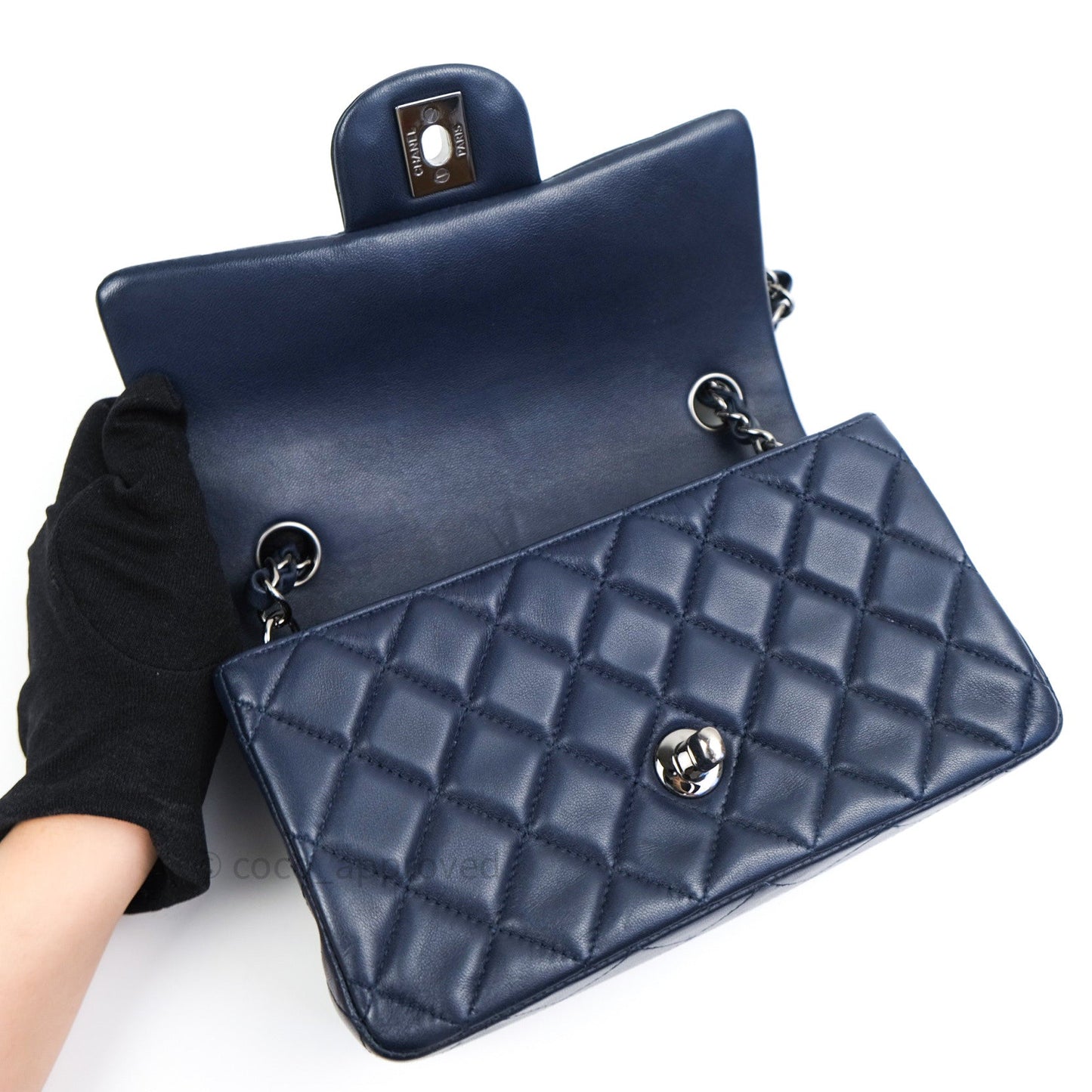 Chanel Lambskin Quilted Mini Rectangular Flap Navy Dark Silver Hardware