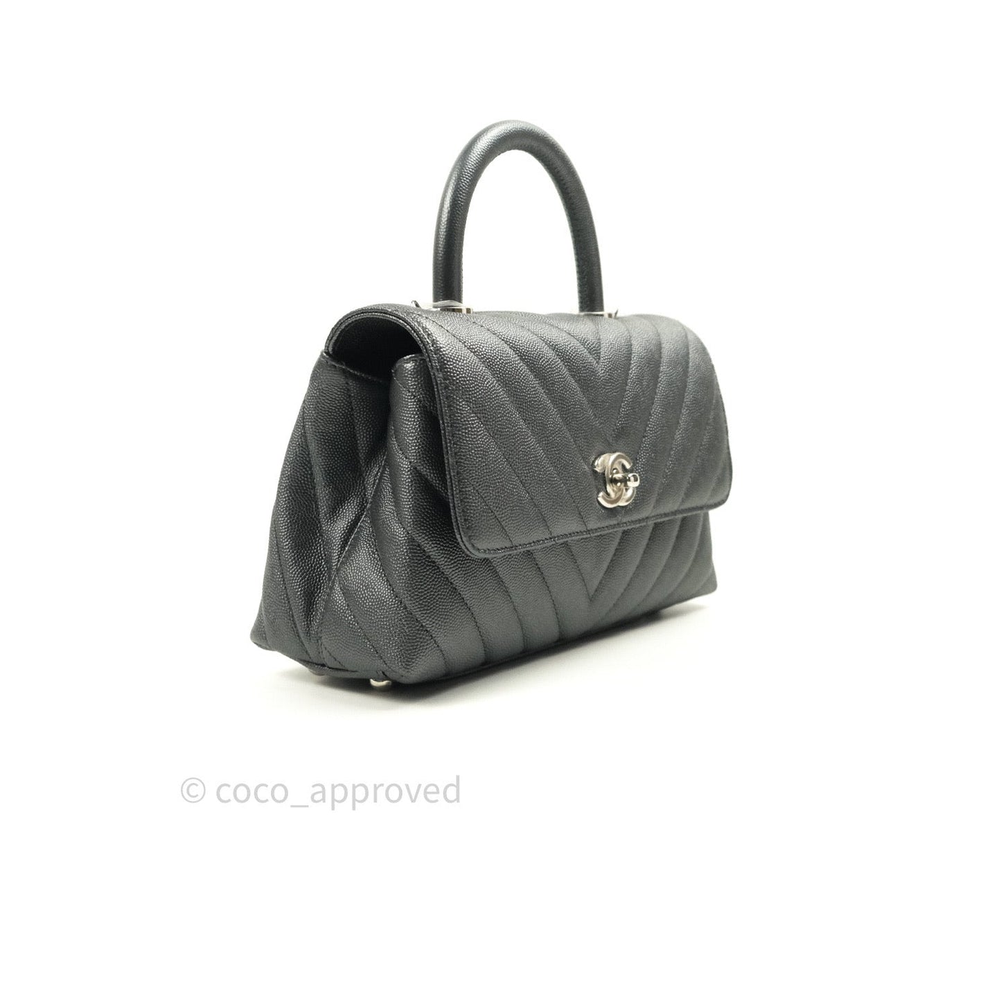 Chanel Coco Handle Chevron Mini Dark Grey Caviar Quilted Dark Silver Hardware