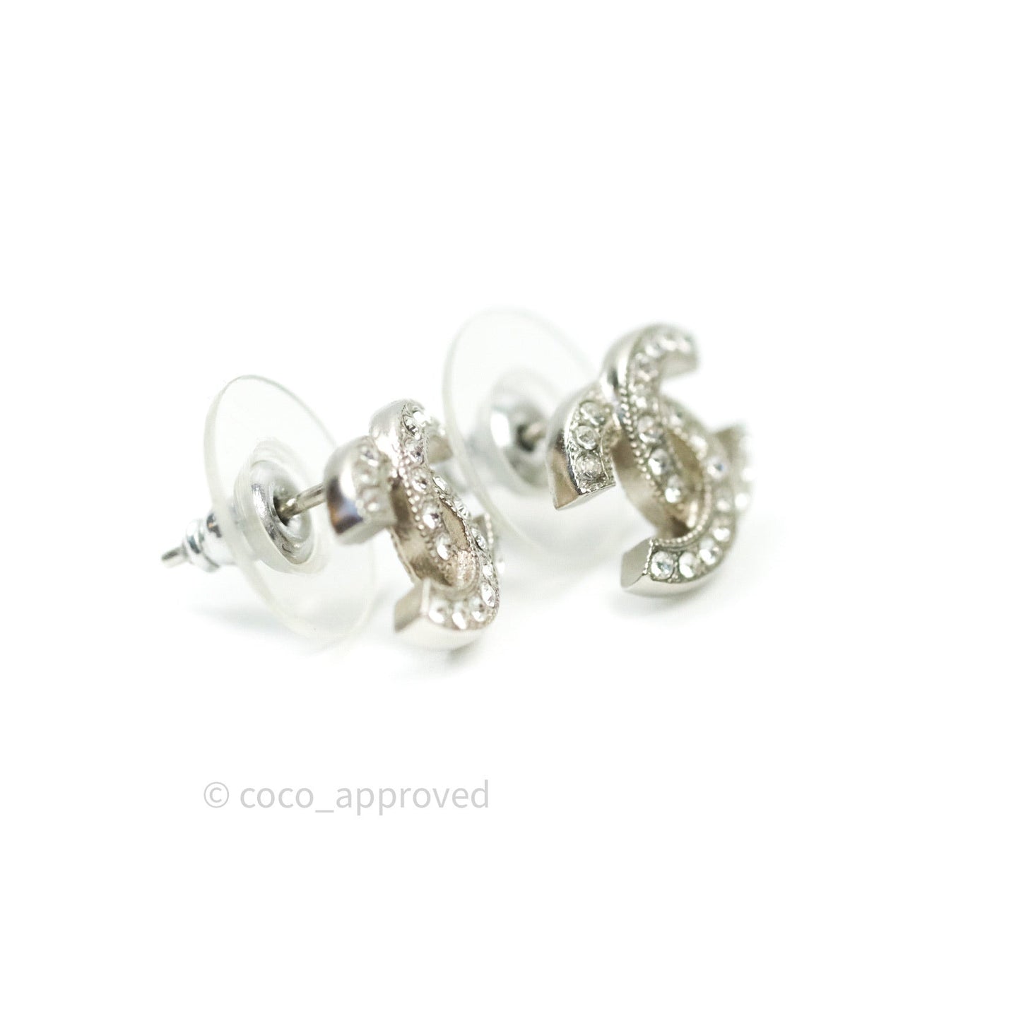Chanel Crystal CC Earrings Silver Tone