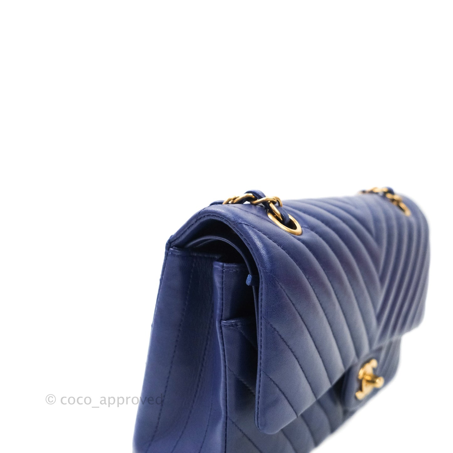 Chanel Classic Chevron M/L Medium Flap Blue Lambskin Gold Hardware