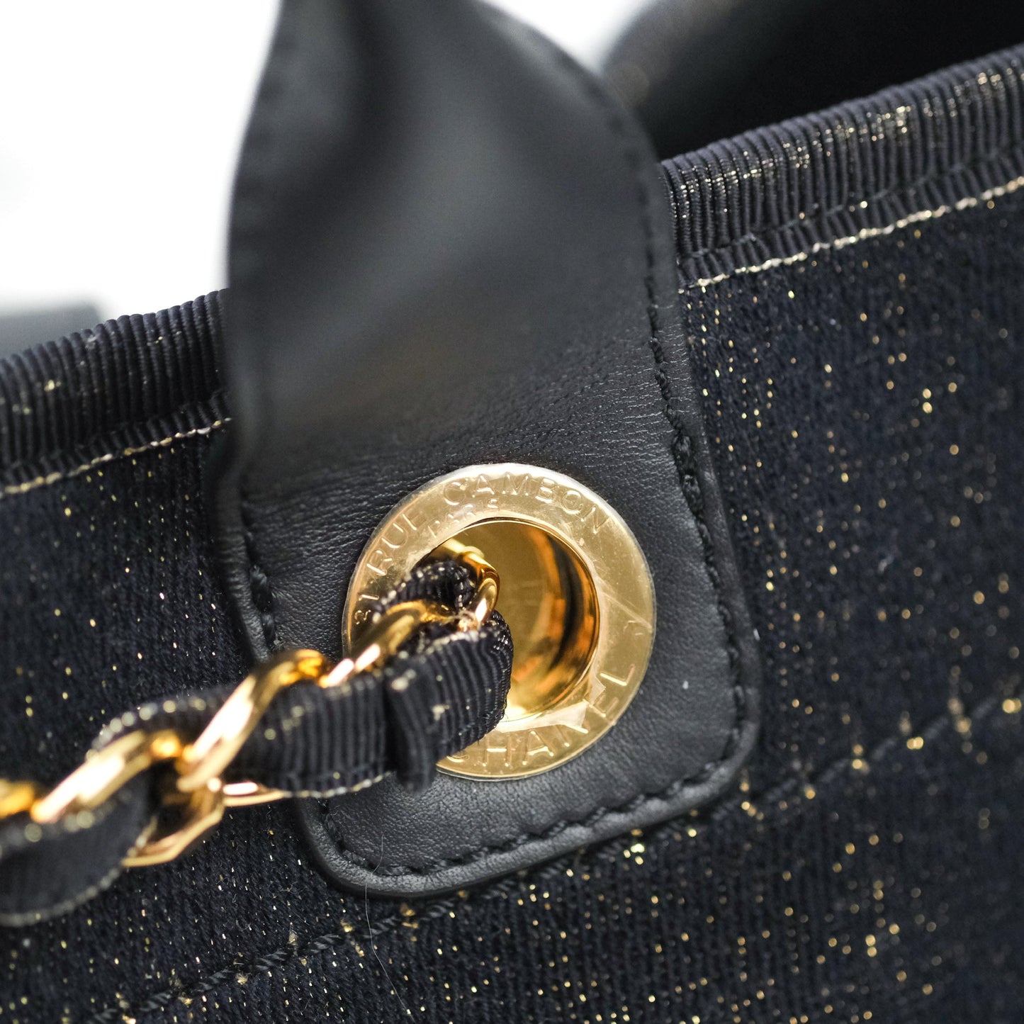 Chanel Large Deauville Navy Glitter Canvas Gold Hardware