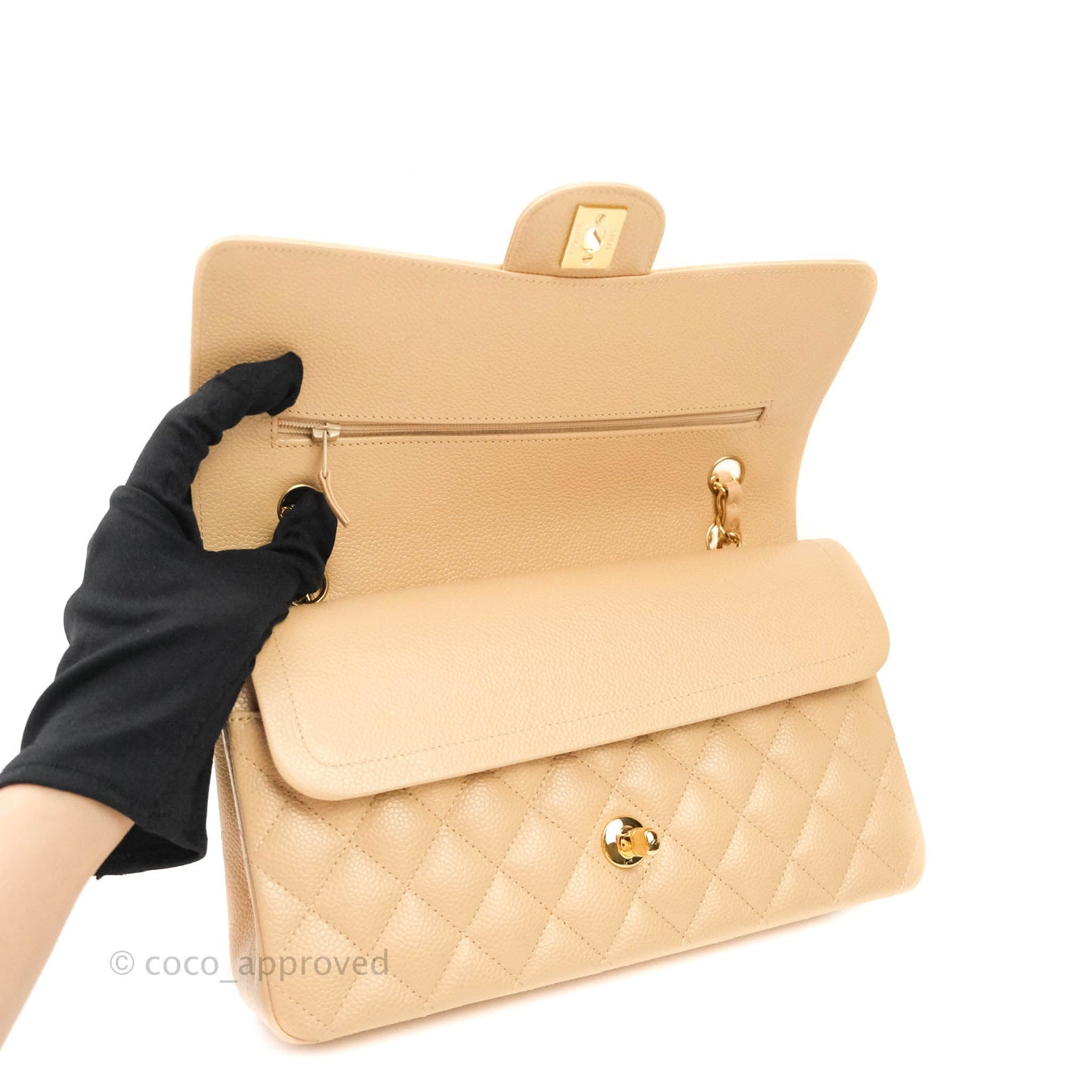 Chanel Classic M/L Medium Double Flap Bag Beige Caviar Gold Hardware